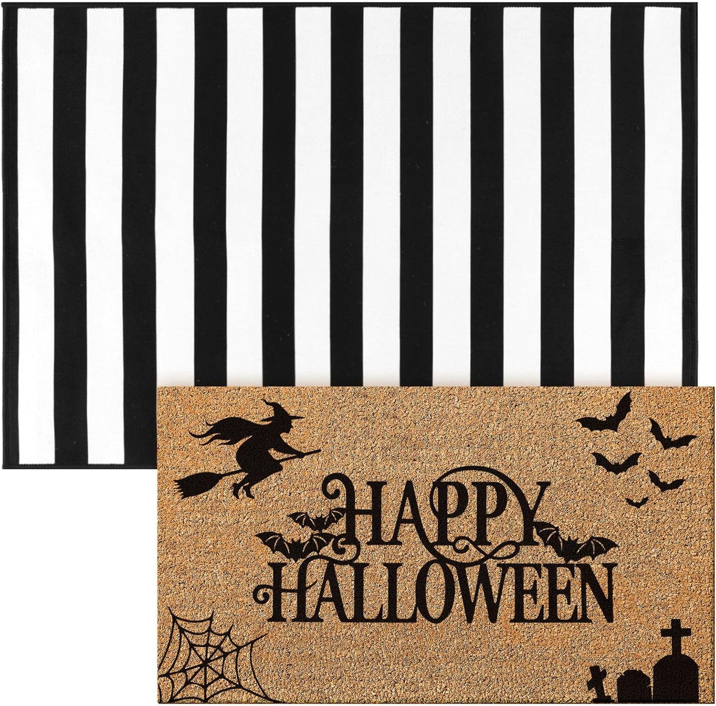 Halloween Coir Doormat Set with Buffalo Plaid Rug for Entryway