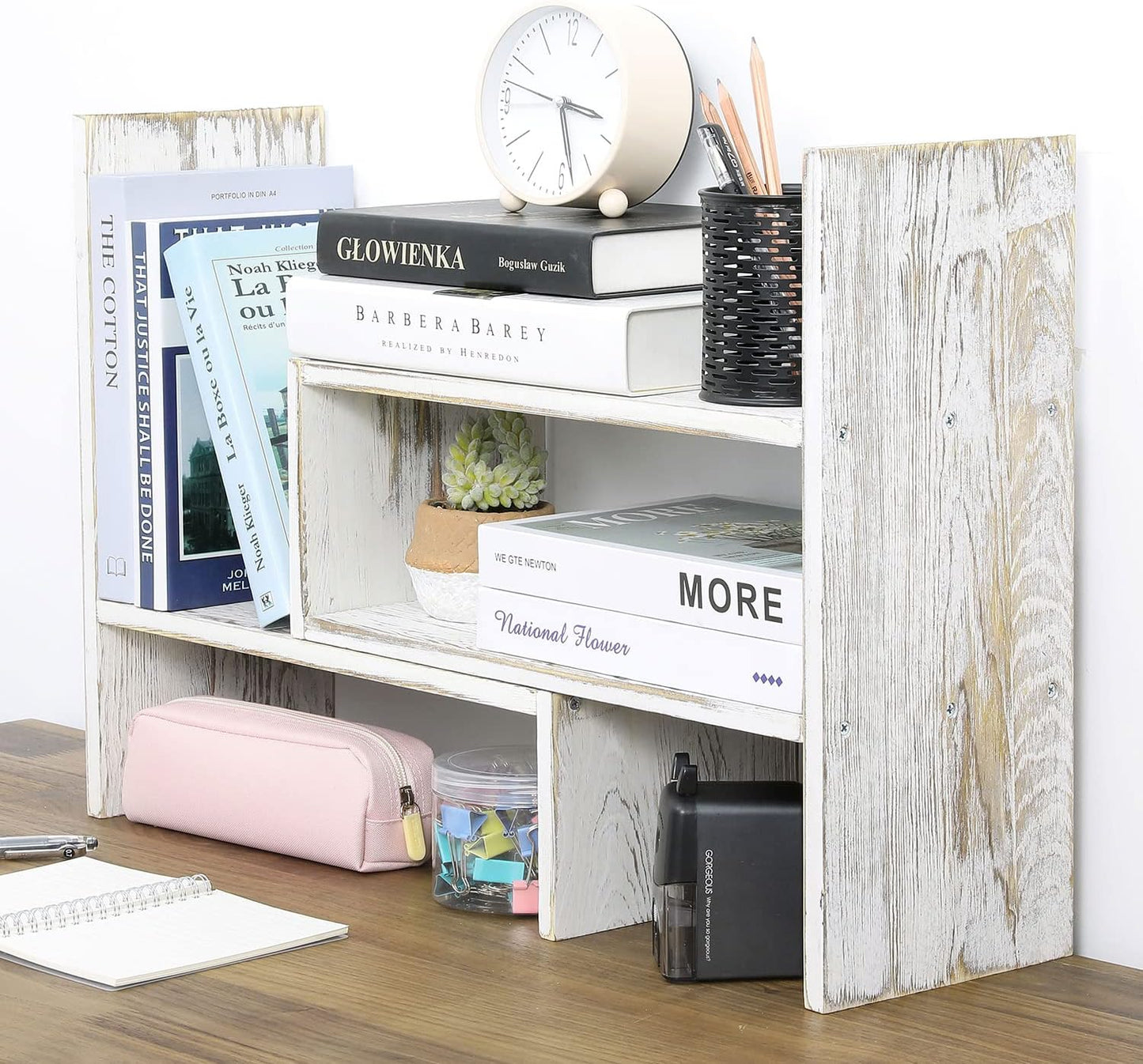Adjustable Whitewashed Solid Wood Desktop Storage Organizer Shelf