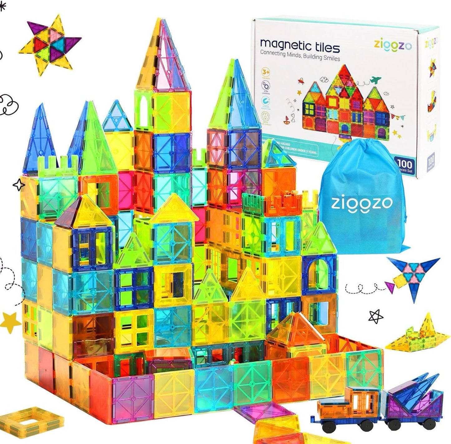 Ziggzo Magnetic Tiles for Kids - 100 Magnet Building Blocks
