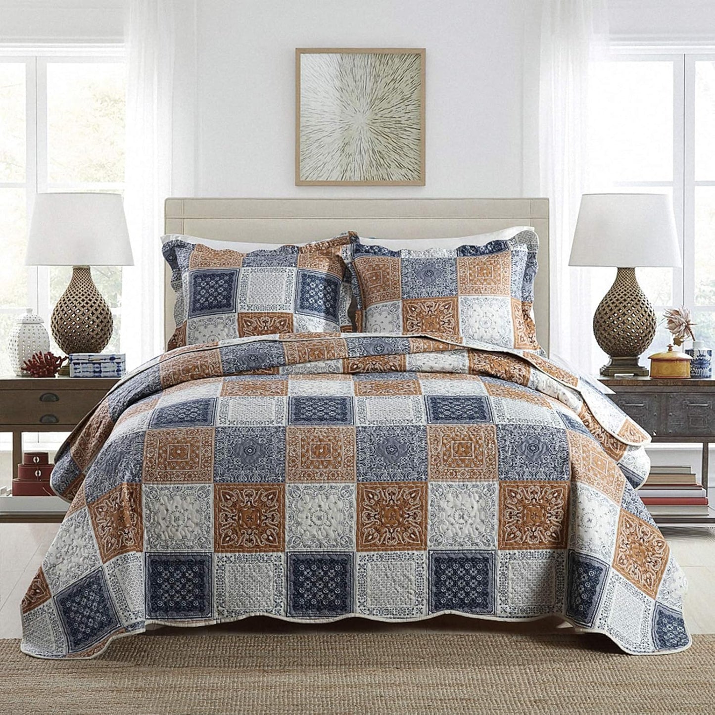 NEWLAKE Quilt Bedspread Set - Color Block Reversible King Size