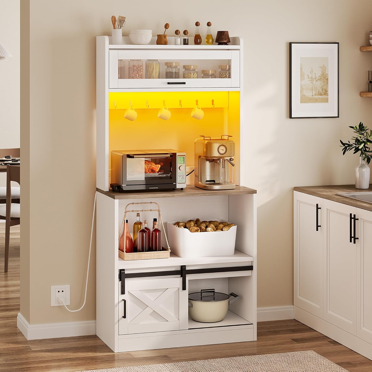 YITAHOME Farmhouse Bakers Rack - Organize & Illuminate Your Space ...