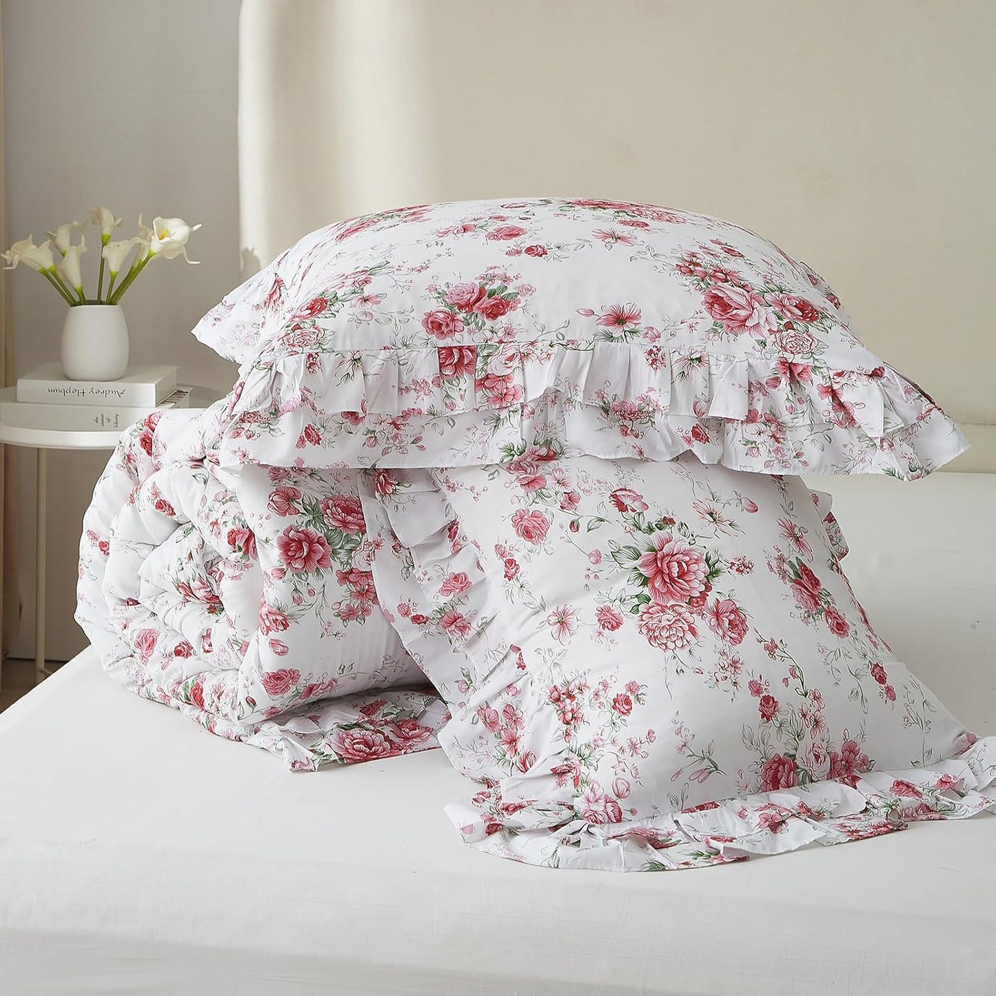 Ruffle Comforter Set Twin XL Red Rose Flower Bedding Soft Microfiber