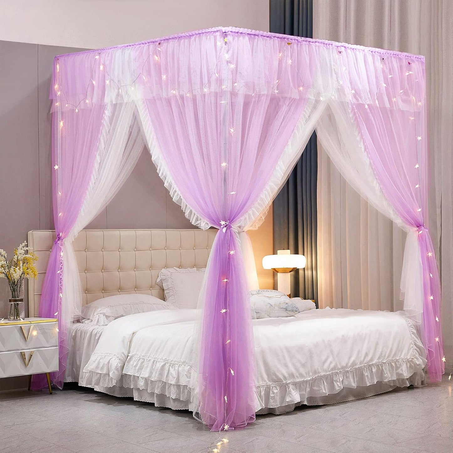 VETHIN 4 Corners Post Ruffle Princess Bed Canopy Curtain