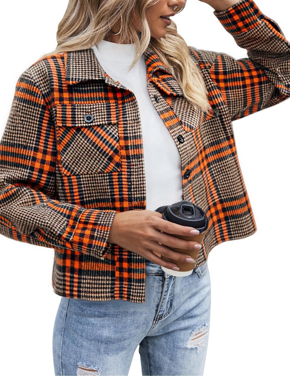 Cropped Flannel Shacket Jacket for Women - Fashionable Plaid Style