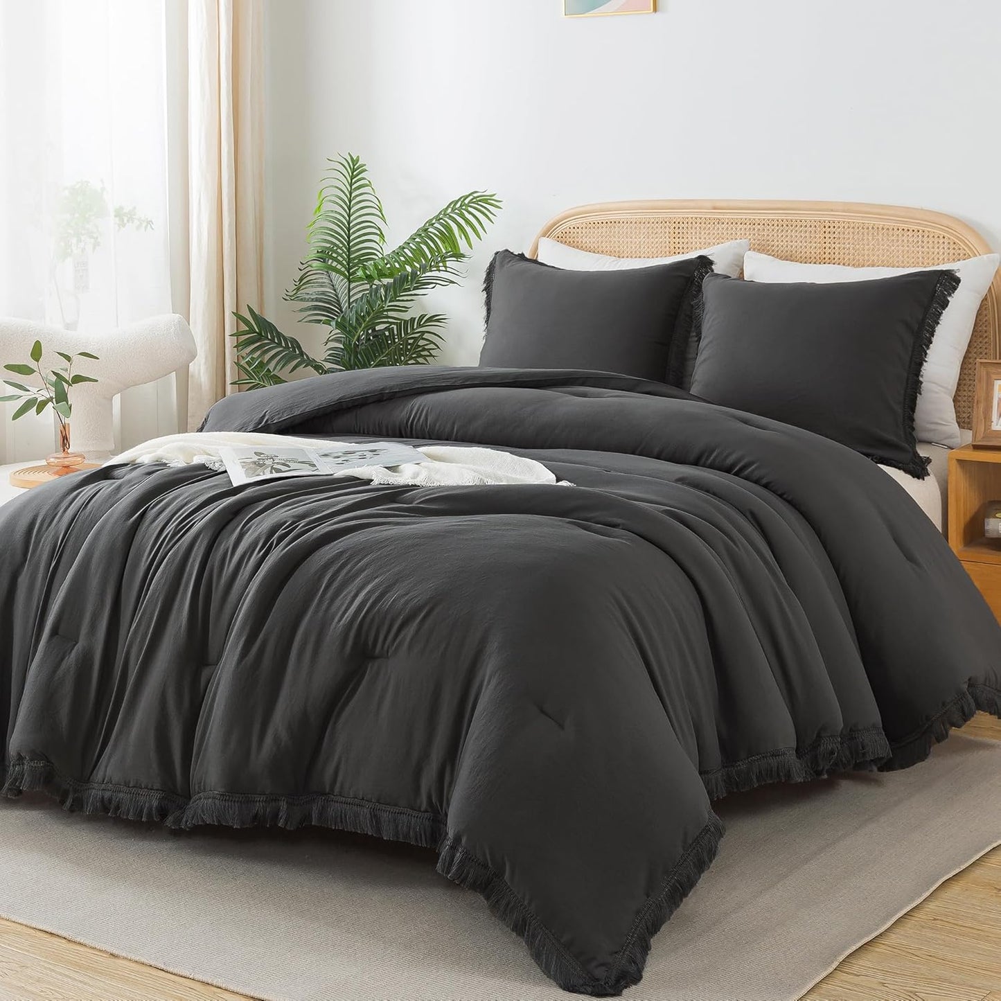 Andency California King Comforter Set Dark Grey - Boho Tassel Design