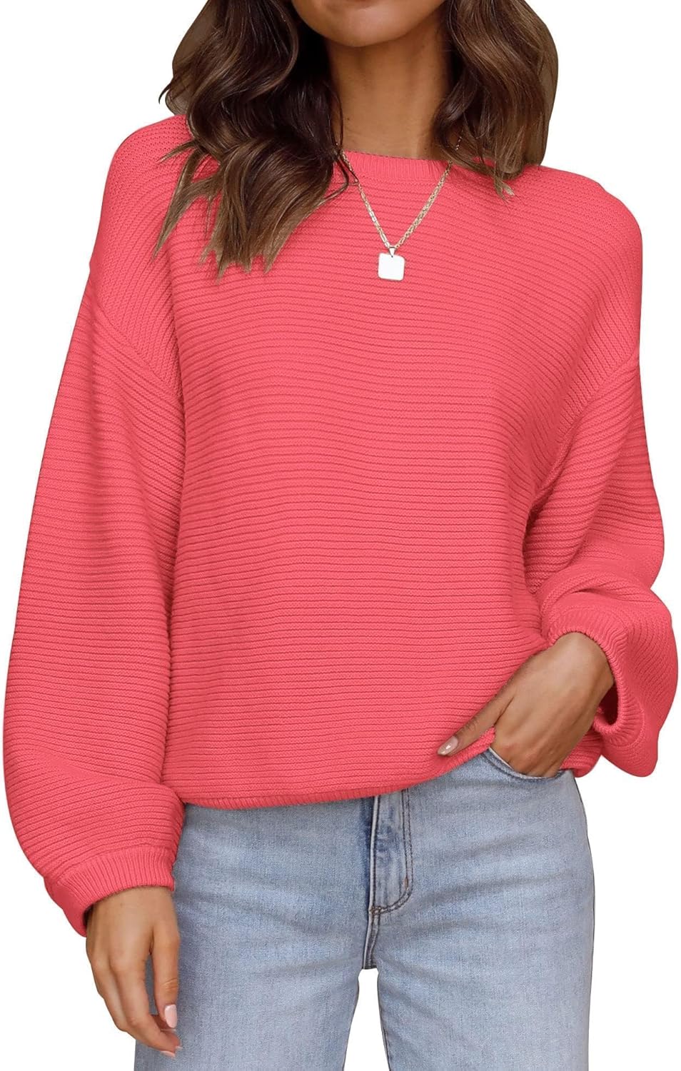 ZESICA Women's Crew Neck Long Lantern Sleeve Pullover Sweater