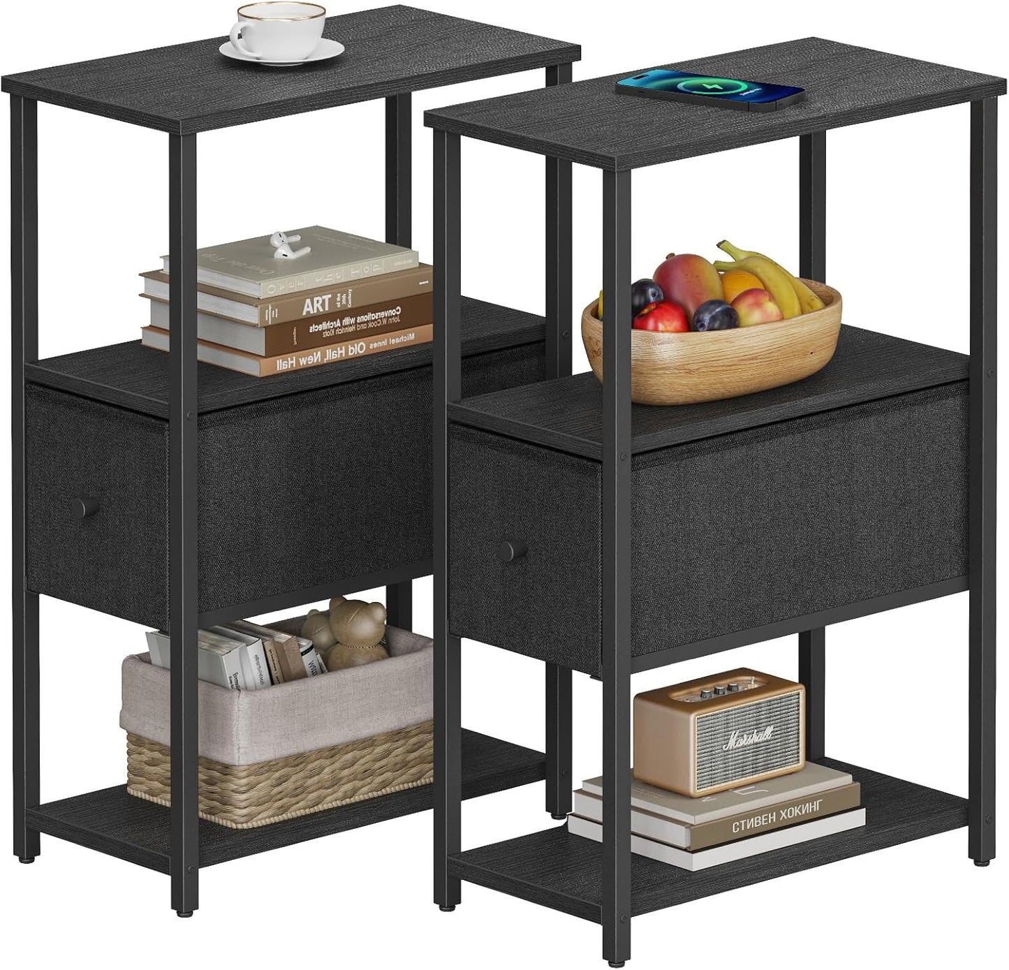 TUTOTAK Set of 2 Small Narrow End Table with Cloth Drawer
