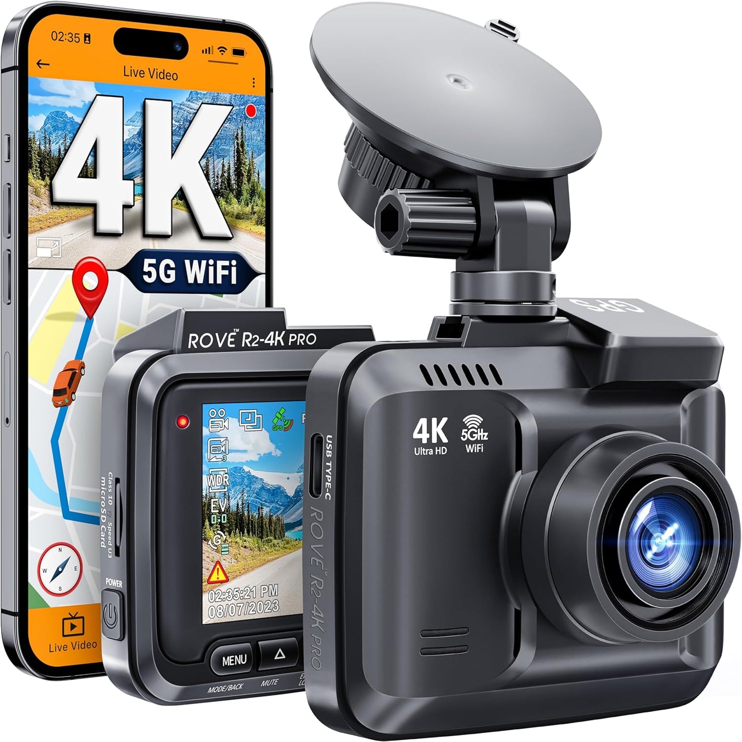 ROVE R2-4K Pro Dash Cam: 5G WiFi, GPS, Night Vision