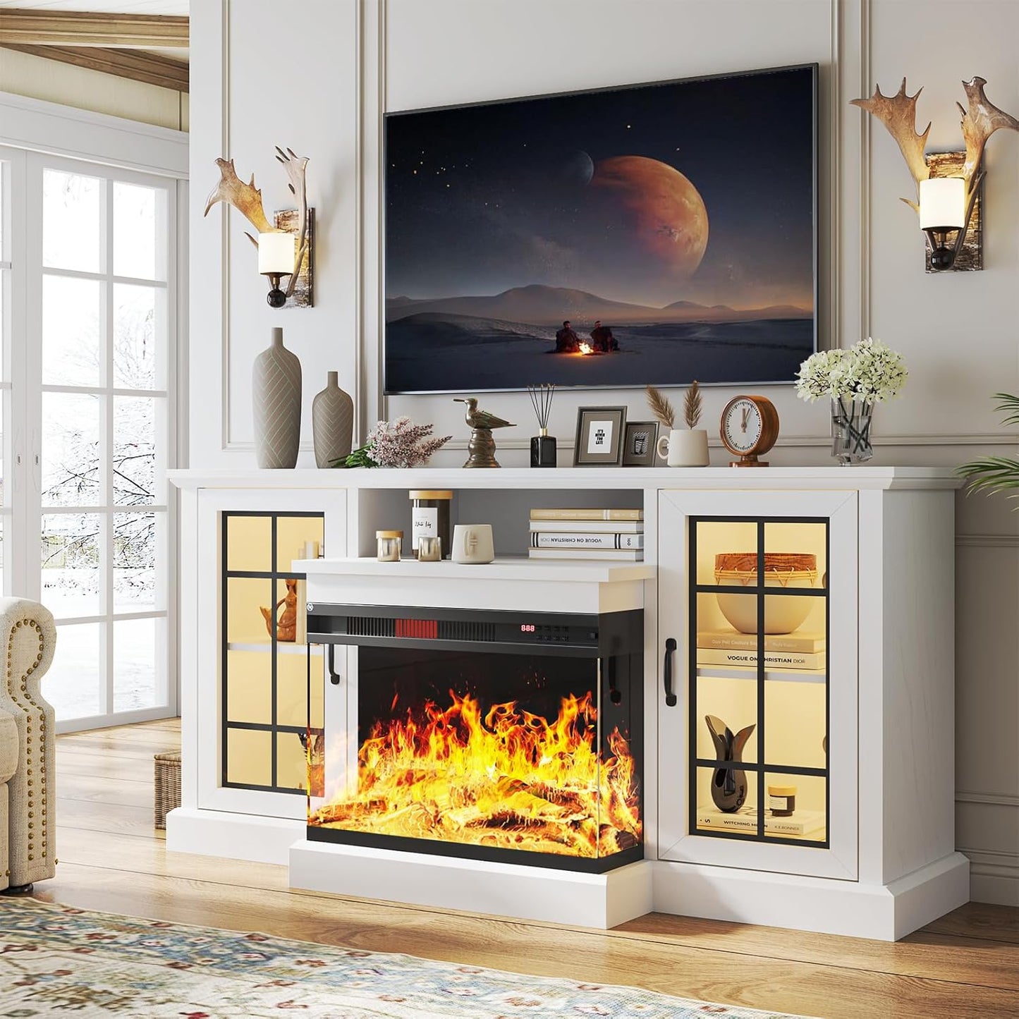 59'' Fireplace TV Stand, Adjustable LED Flame, White