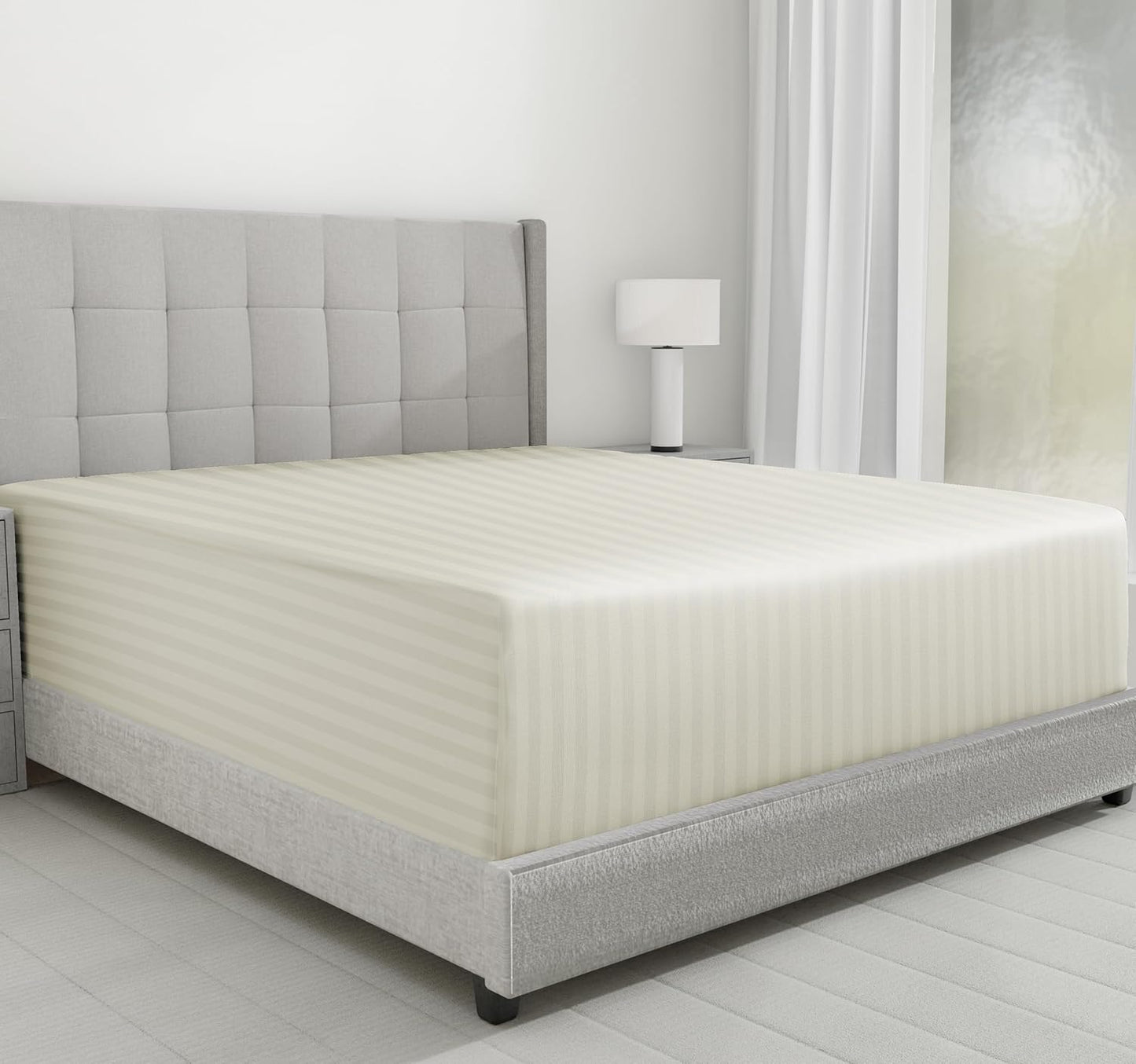 Luxury Cotton Sateen Damask Stripe Fitted King Sheet - Ivory