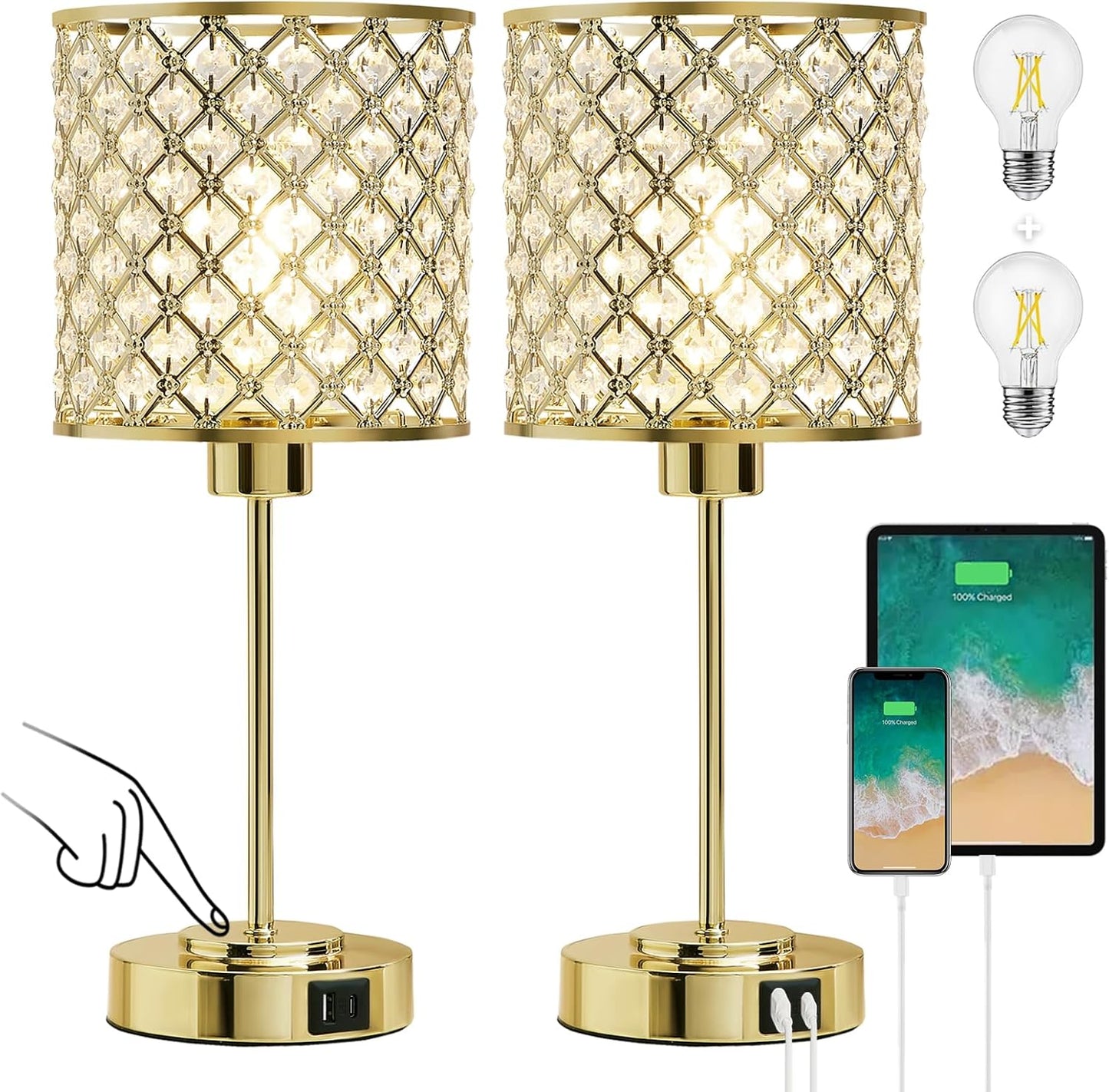 Crystal Touch Control Table Lamp Set with USB-C+A Charging Ports
