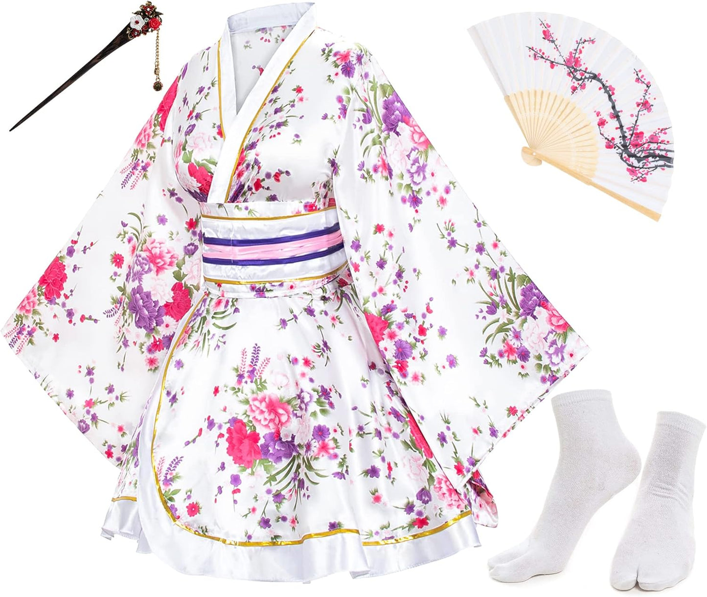 Japanese Anime Women's Dance Kimono Robe with Accessories Set
