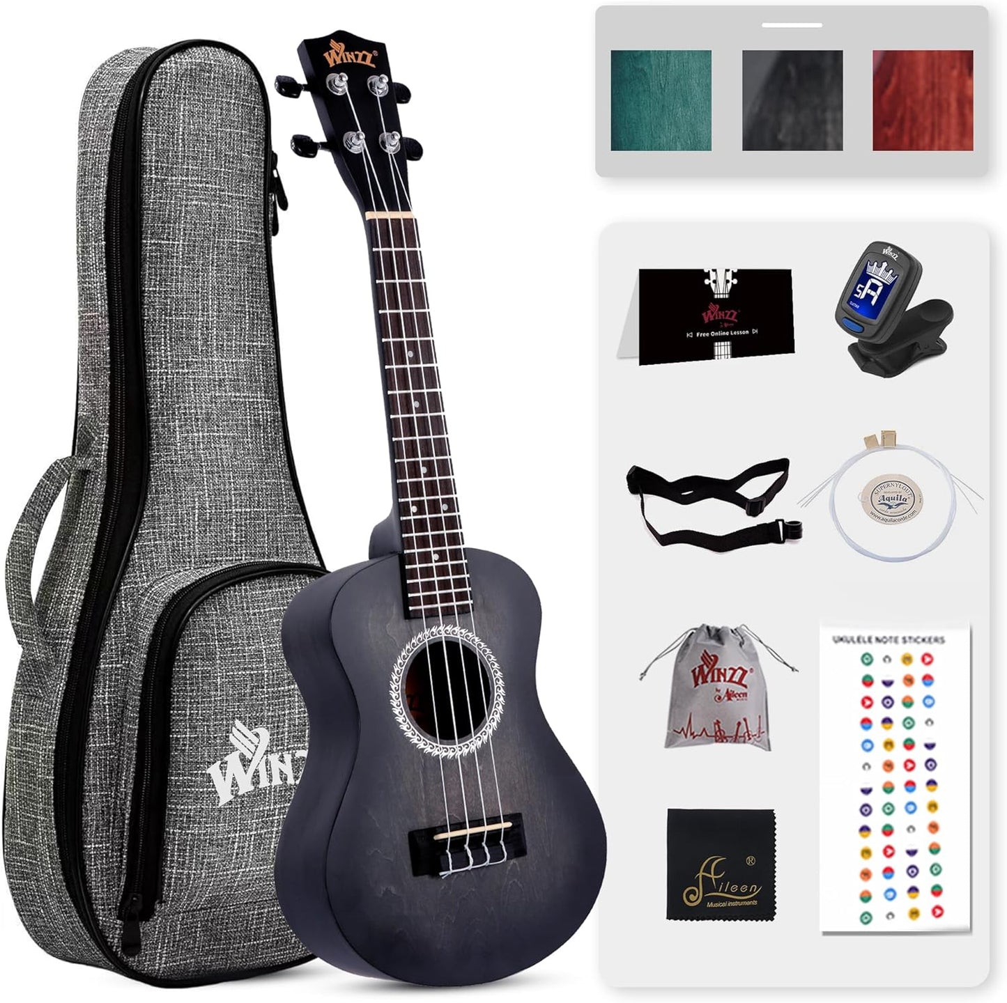 WINZZ Hand Rubbed Concert Ukulele Vintage Hawaiian 23 in Black