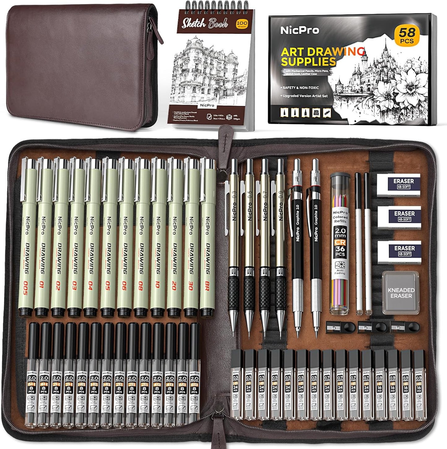 Nicpro 58 PCS Art Drawing Supplies Kit for Creative Artists