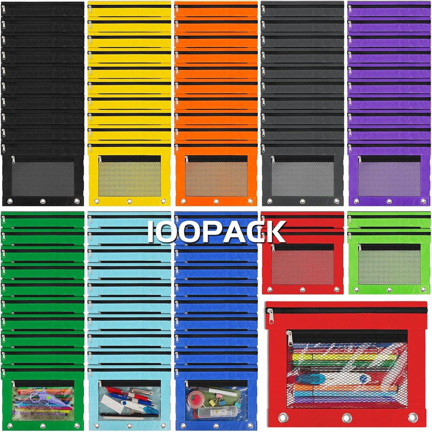 100 Pack Pencil Pouch for 3 Ring Binder - Ideal for Students