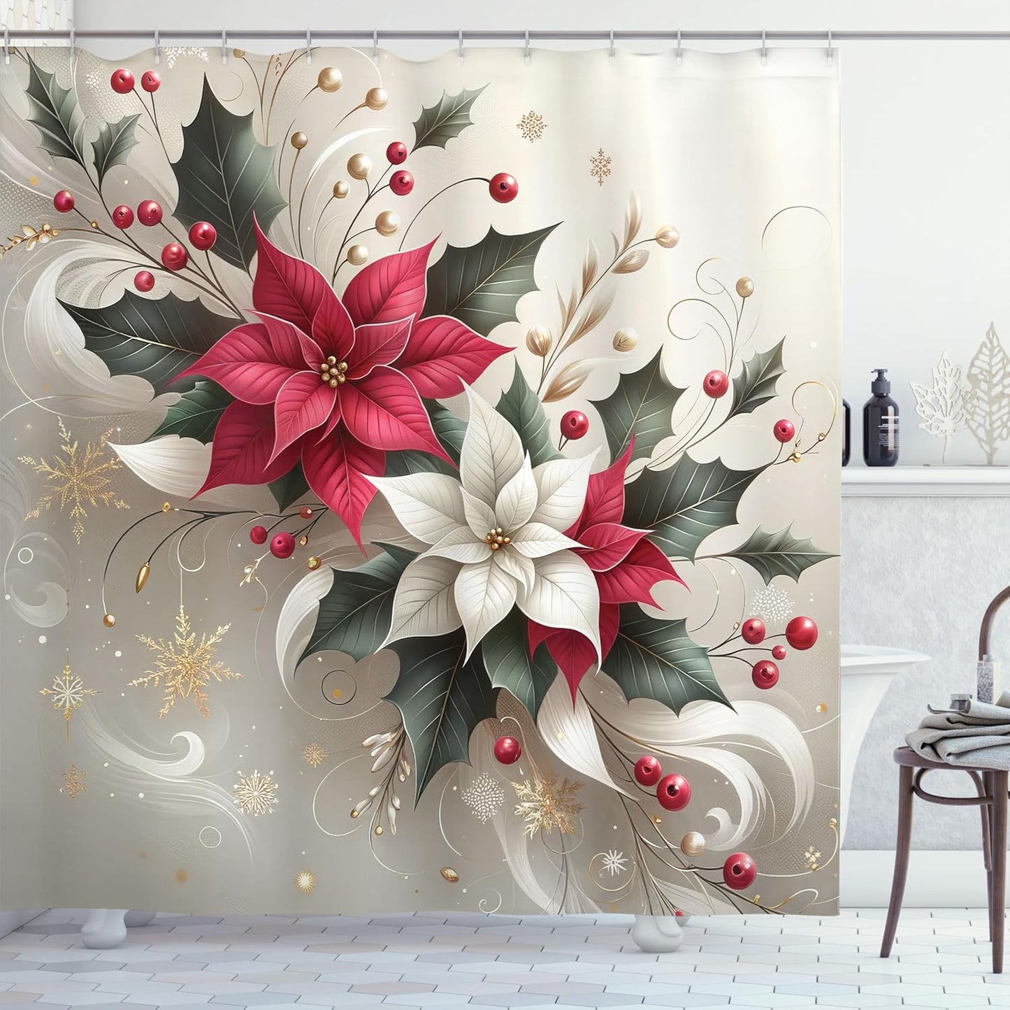 Christmas Cheer in Every Shower - Festive Poinsettia Shower Curtain