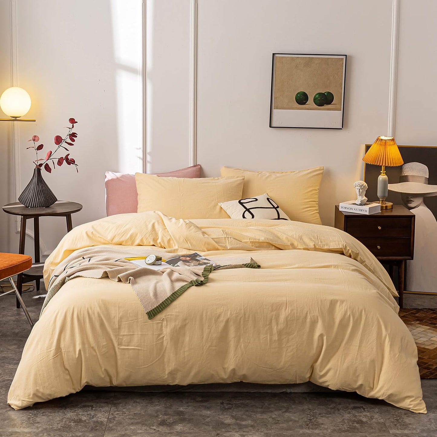Washed Cotton Duvet Cover Set Ultra Soft Cream Yellow Full