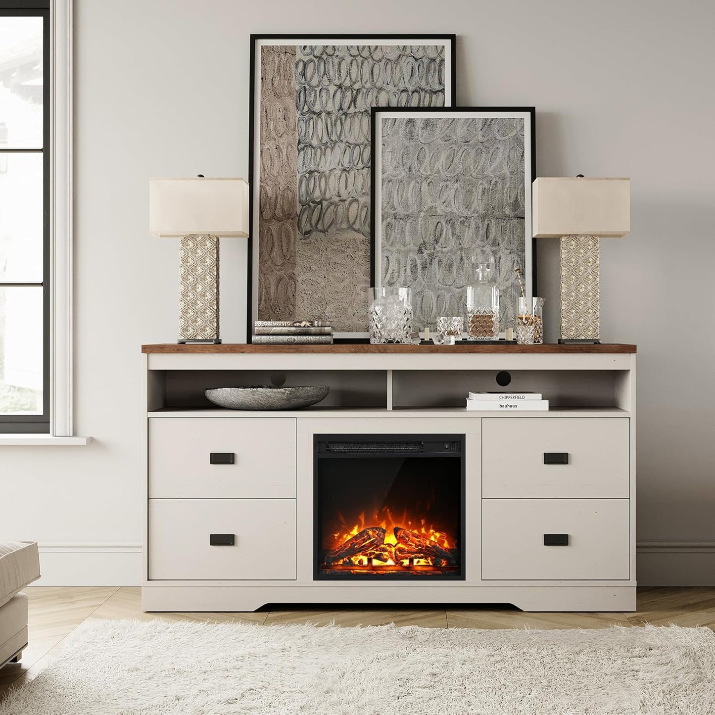 WAMPAT 65 in Electric Fireplace TV Stand - Antique White