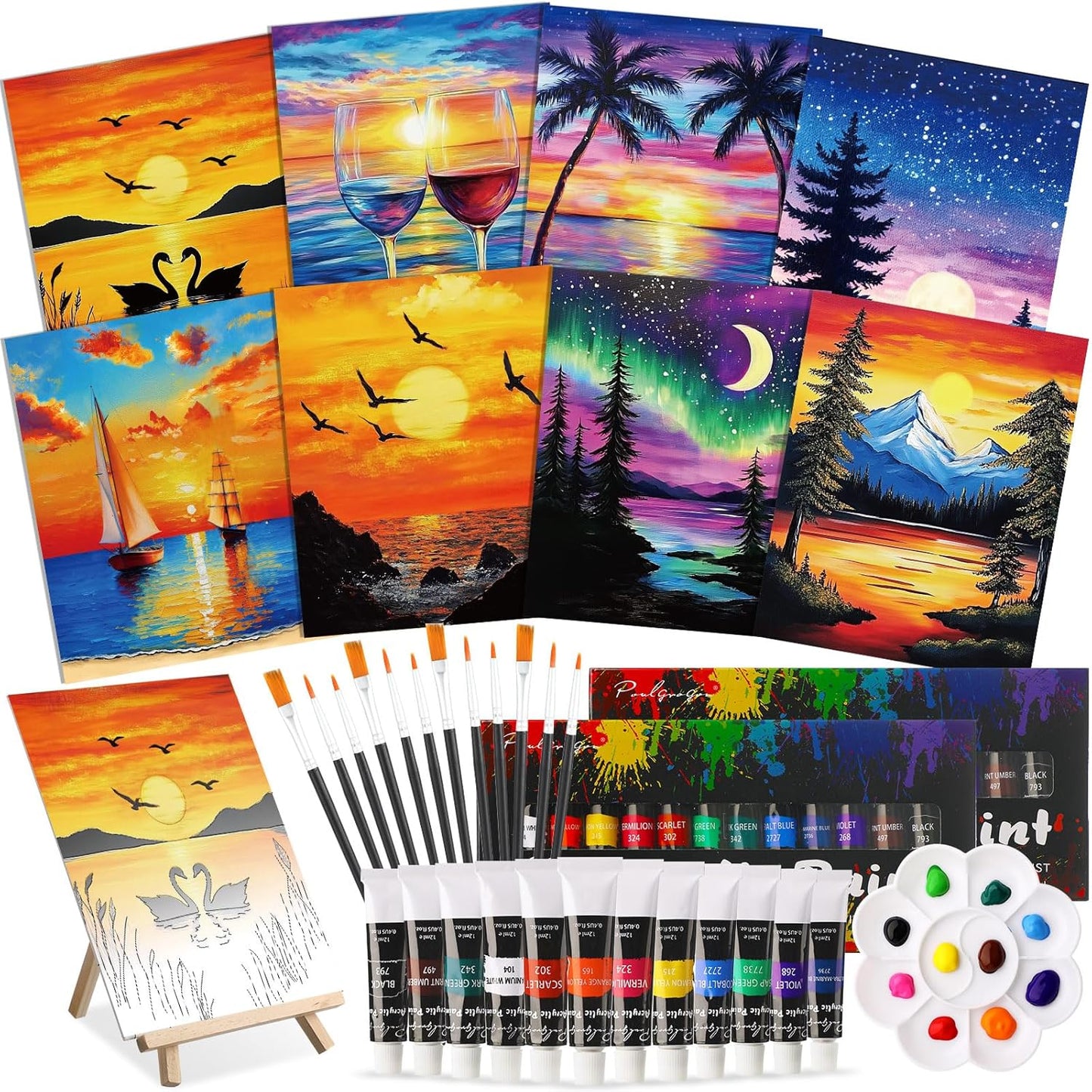 Cholemy 36 Pcs Paint and Sip Kit for Adults with Canvases