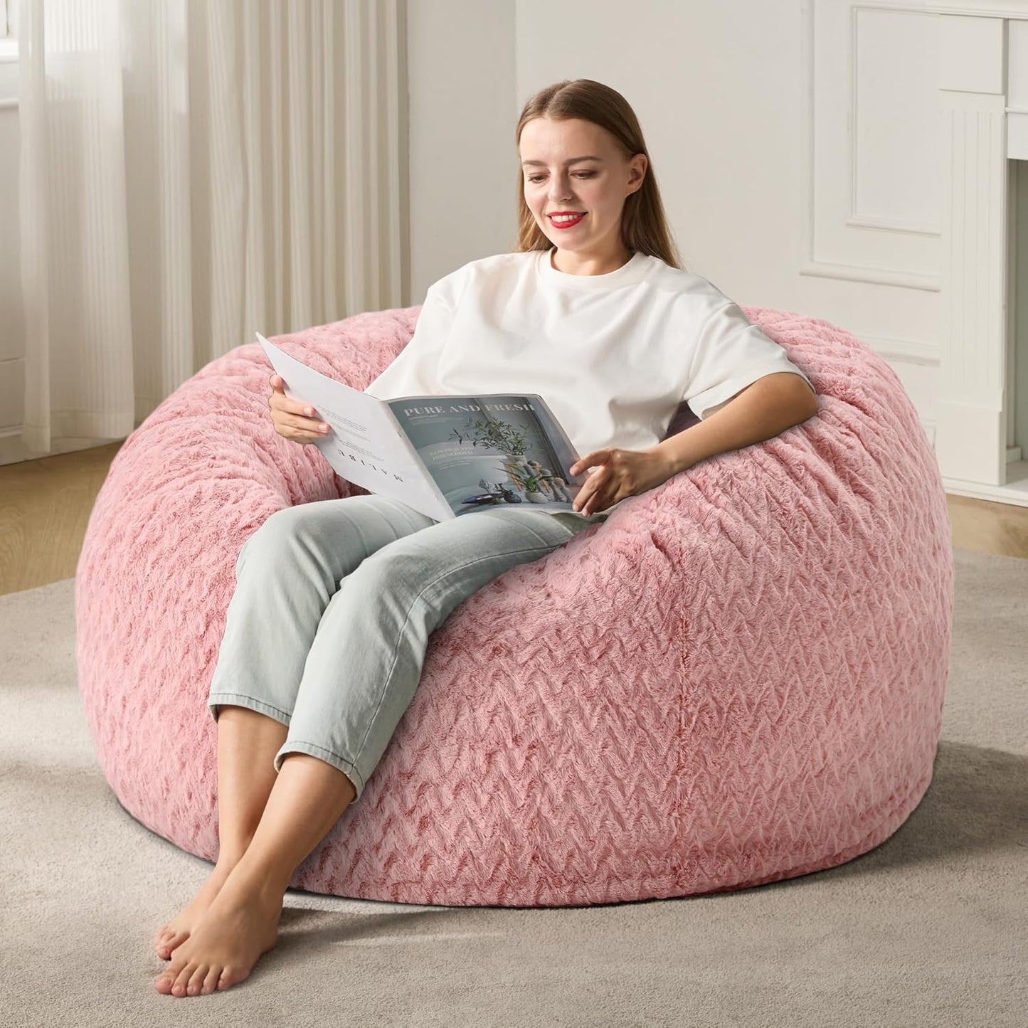 3ft Bean Bag Chairs for Adults with Plush Fur Cover in Pink
