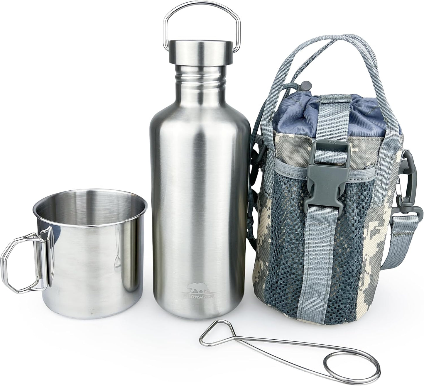 Survival Water Bottle Set w/ Camping Cup - Stainless Steel