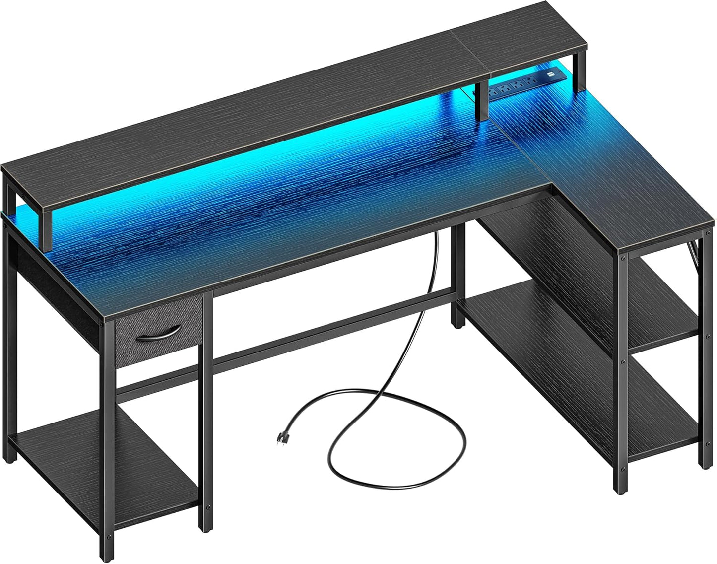 Reversible L Shaped Desk with LED Lights & Power Outlets