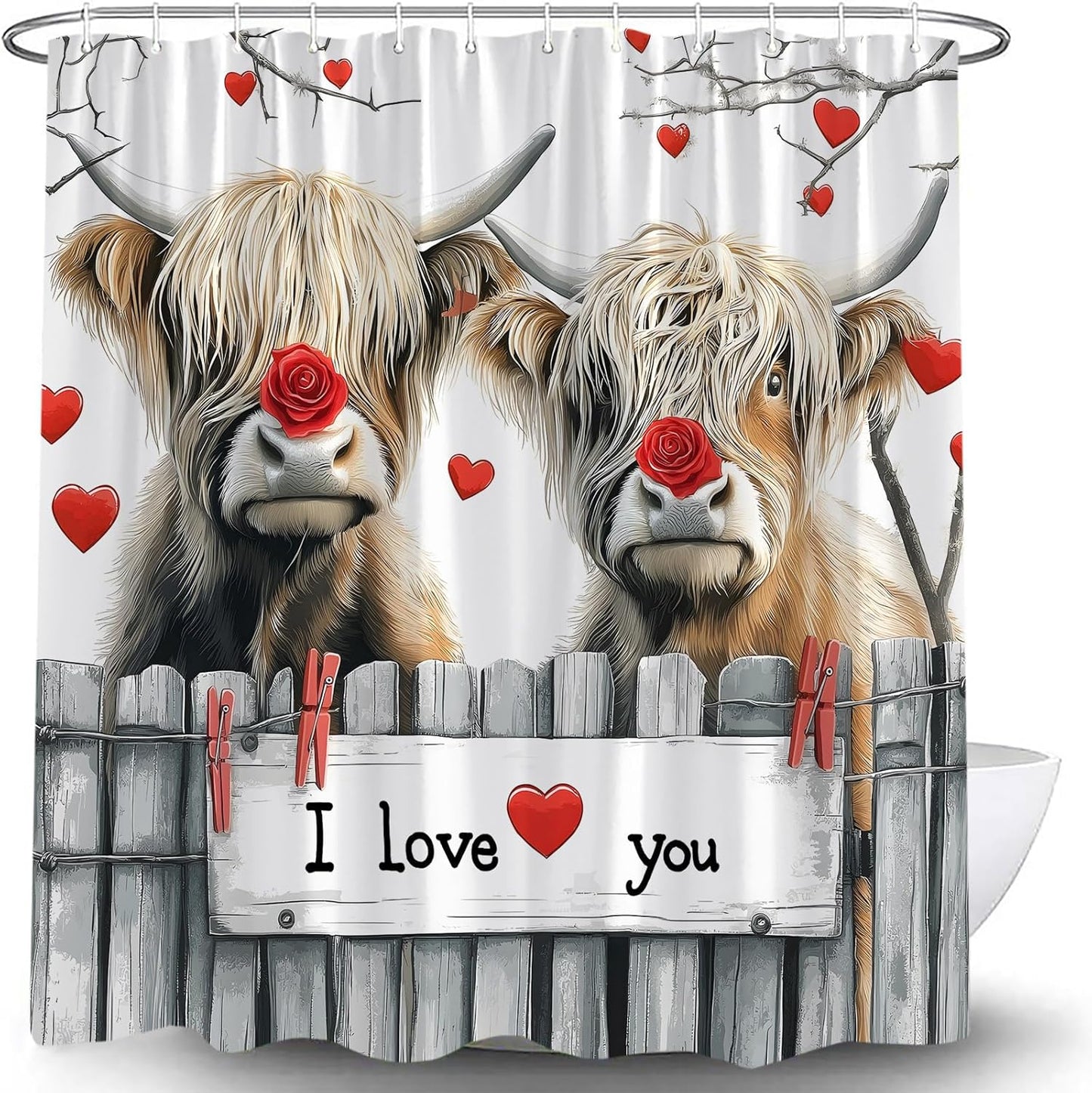 Romantic Highland Cow Couple Shower Curtain