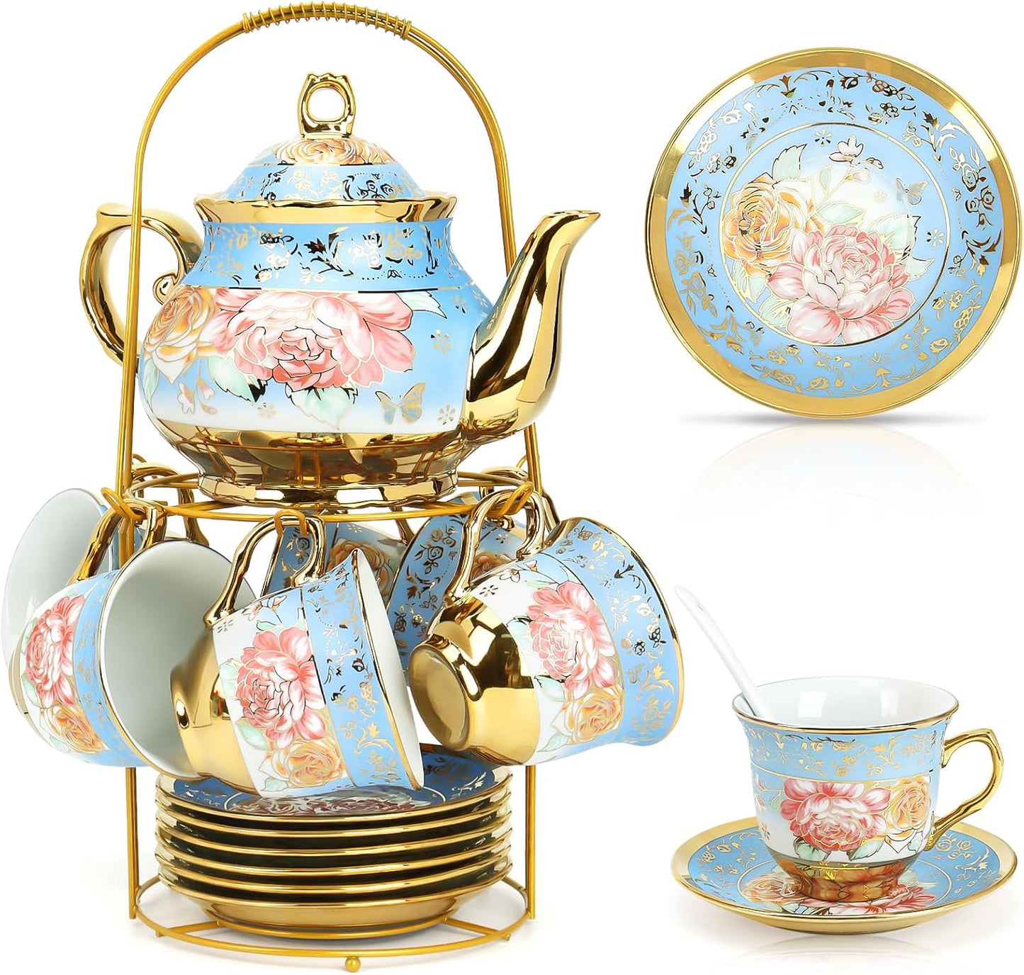 20 Pcs Porcelain Tea Set with Metal Holder for Elegant Tea Parties