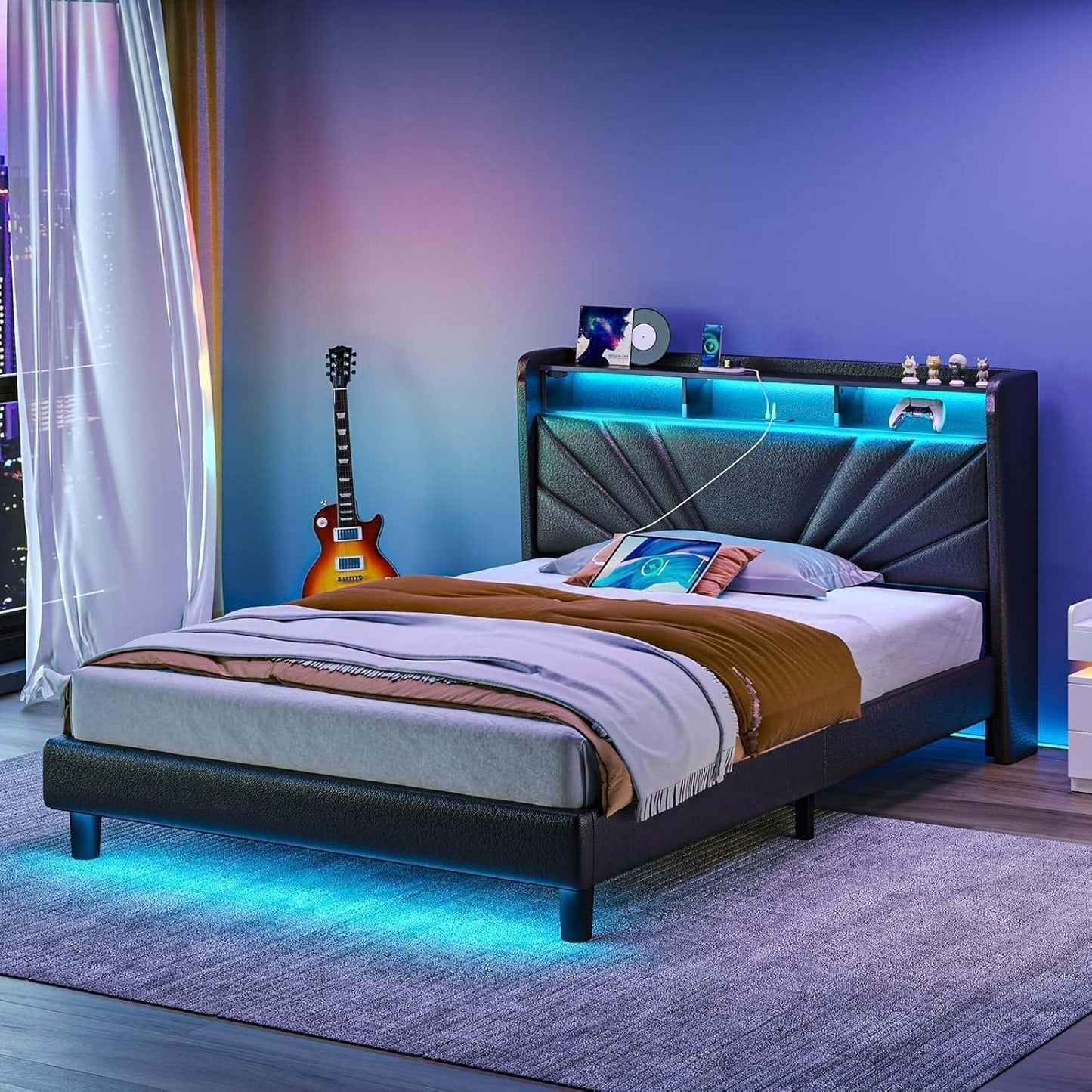 Rolanstar Twin Size Bed Frame with LED Lights and Storage