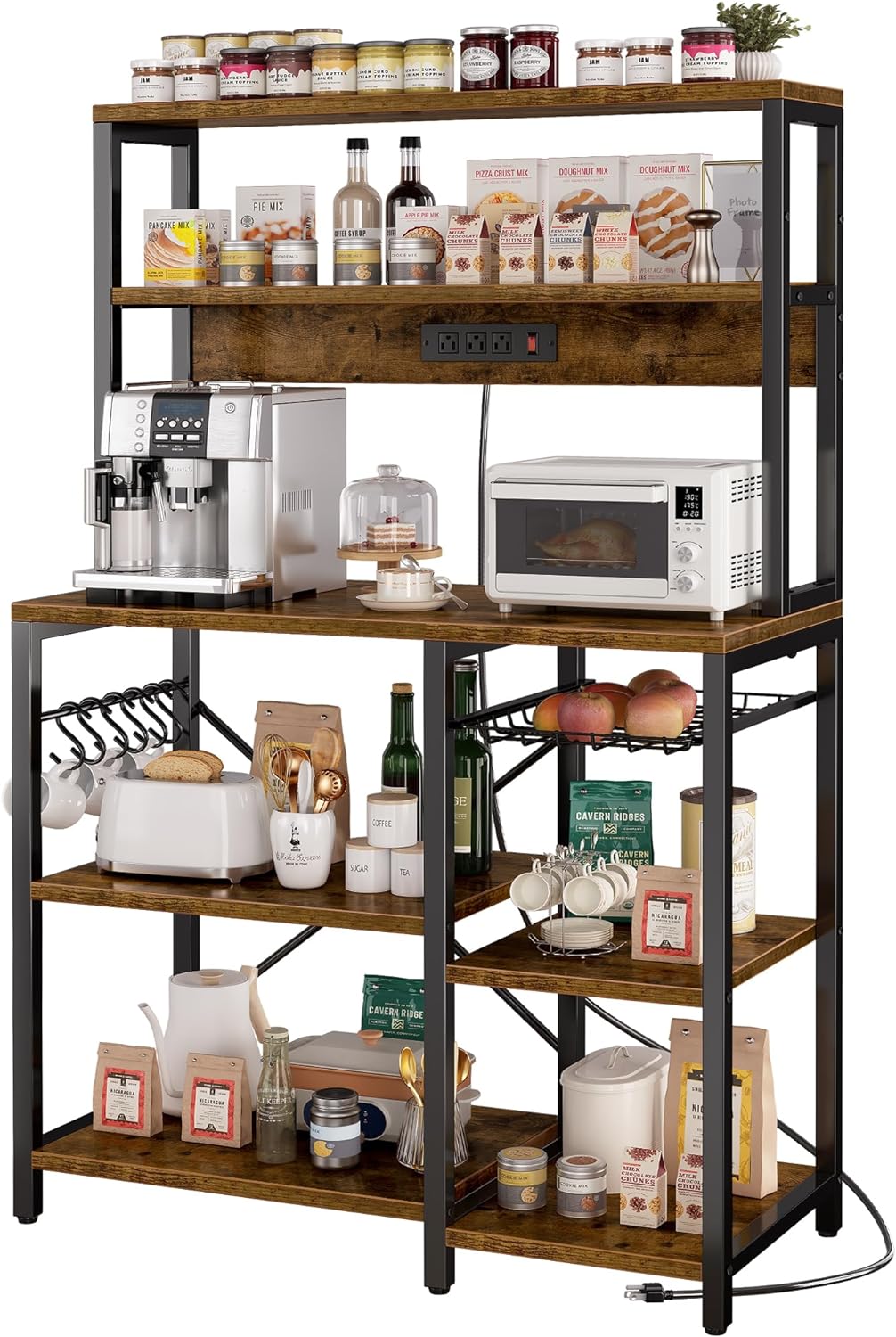 Rustic Brown Kitchen Bakers Rack with Power Outlet
