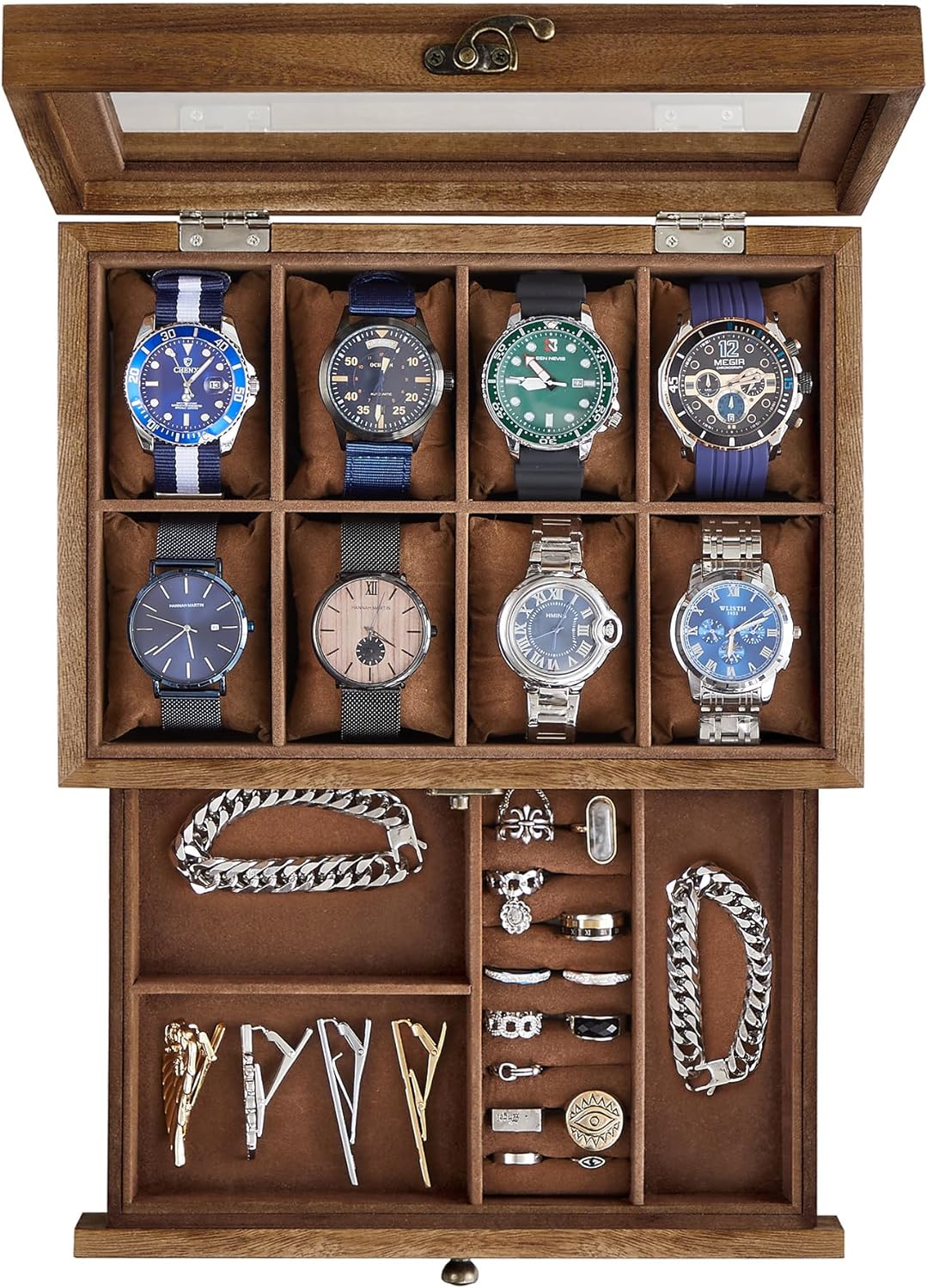 SONGMICS 8-Slot Watch Box, Velvet Lining, Rustic Walnut