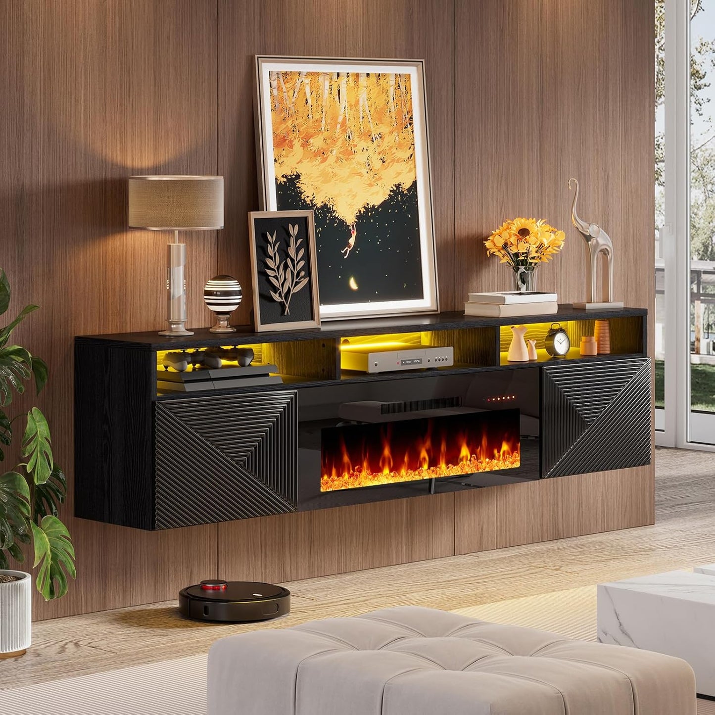 Luxury 80 Floating TV Stand w/ Electric Fireplace, Storage, Up to 90 TVs