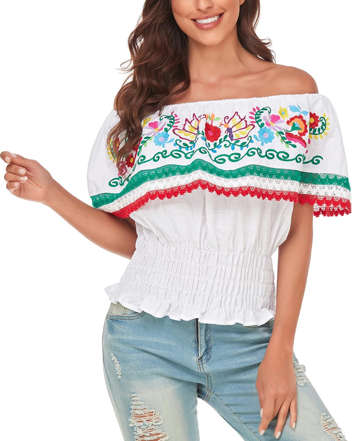 YZXDORWJ Women Mexican Embroidered Off-Shoulder Shirt Top