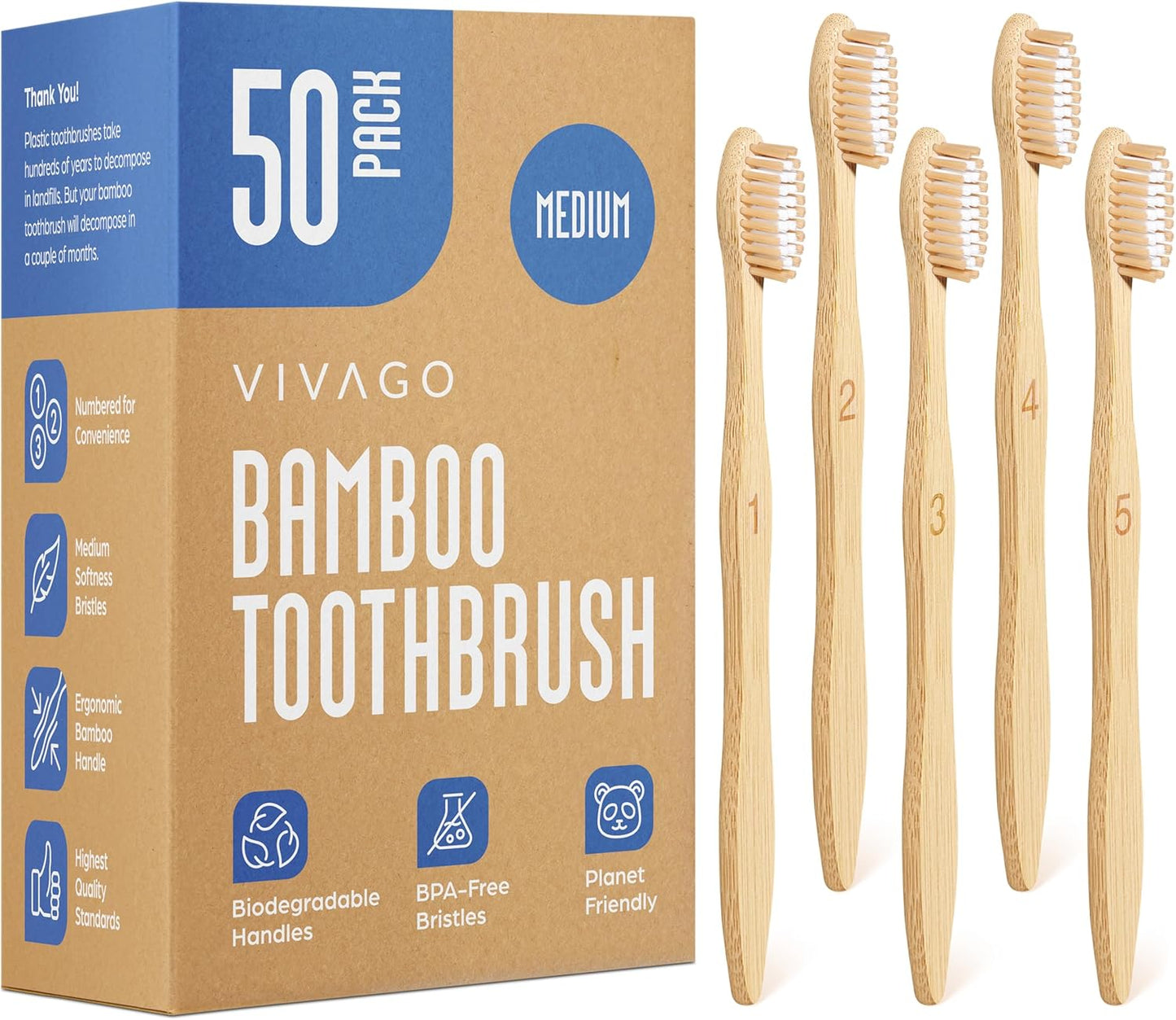 Bamboo Toothbrushes Medium Bristles 50 Pack - Eco-Friendly Choice