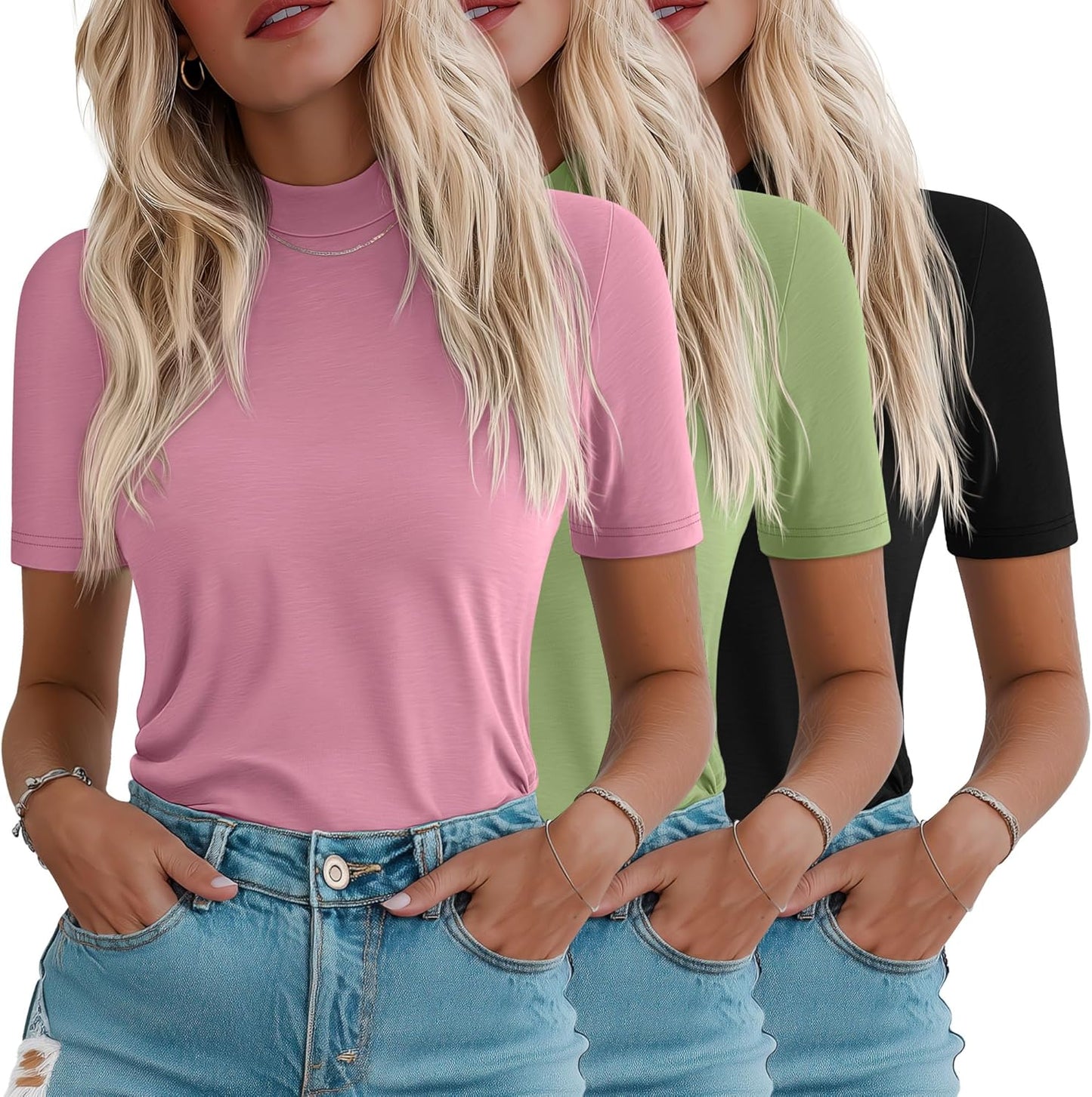 Ficerd 3 Pack Women's Half Sleeve Mock Turtleneck Shirts