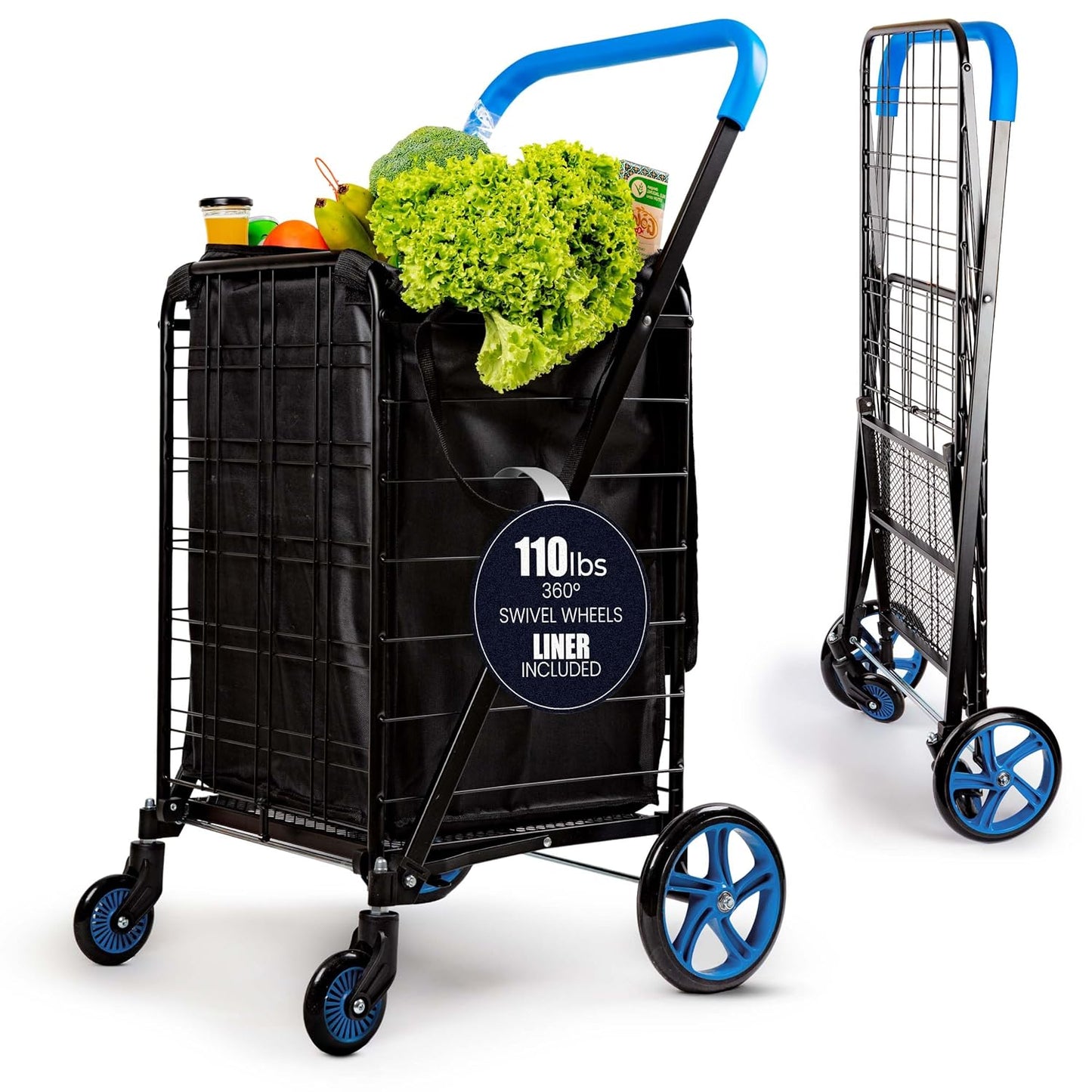 SereneLife Large Folding Utility Shopping Cart for Groceries