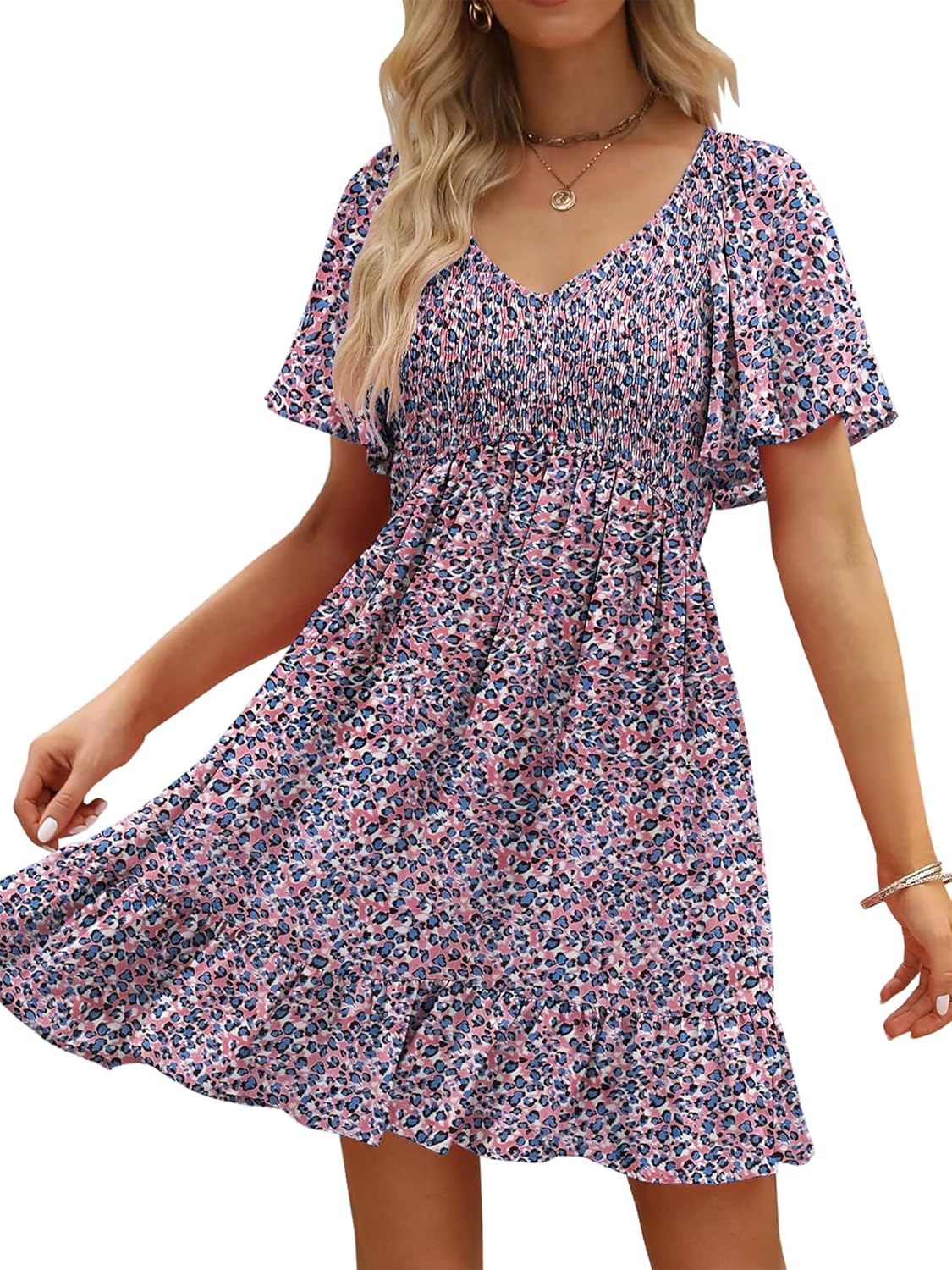 Womens Cute Floral Smocked V Neck Flutter Sleeve Sundress