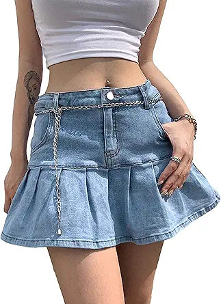 Tanming Women's Pleated Jean Skirt Casual A-Line Ruffle Mini Denim