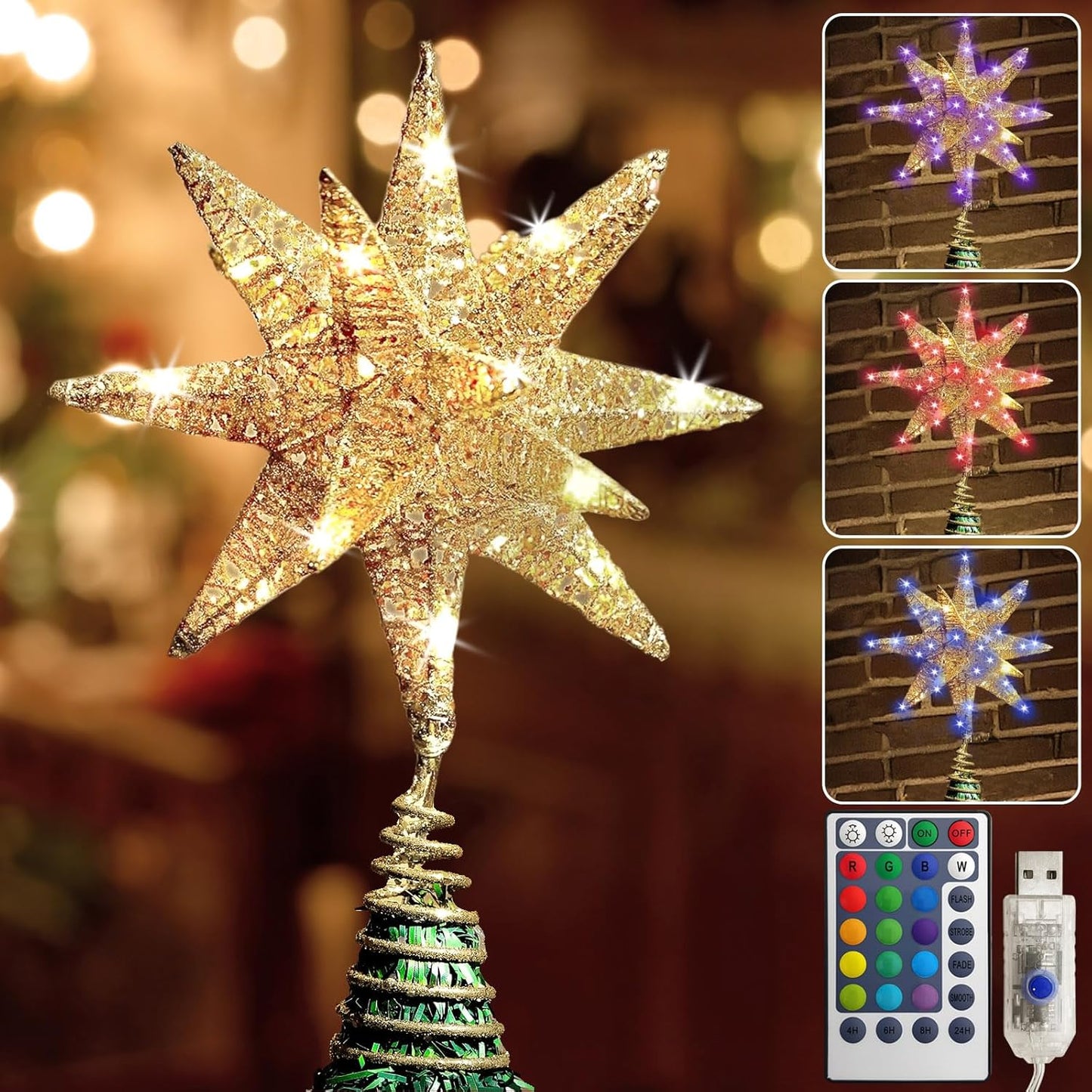 Christmas Star Tree Topper with 50 LED Lights for Holiday Decor