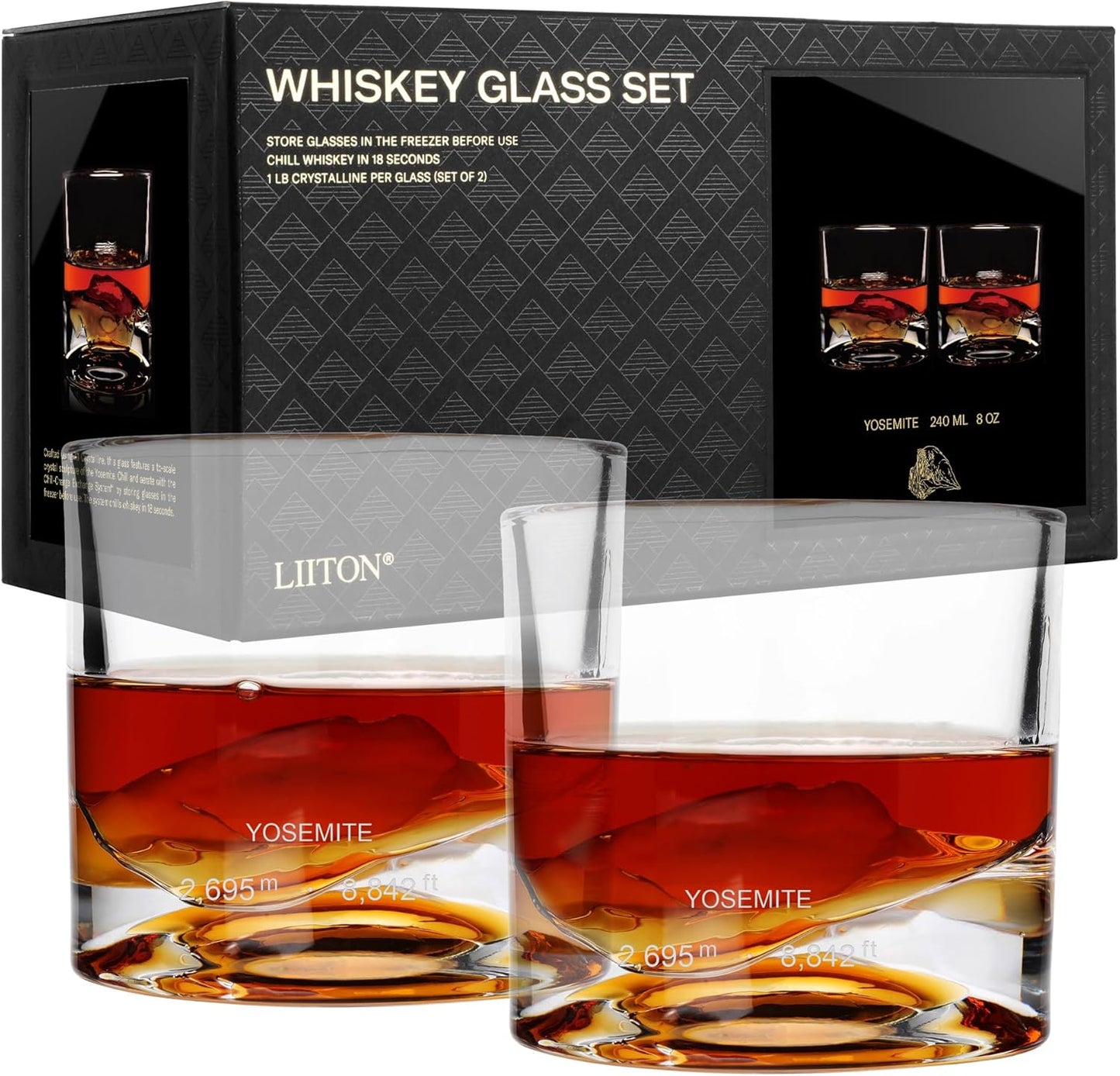 LIITON Yosemite Heavy Crystal Whiskey Glasses Gift Set of 2