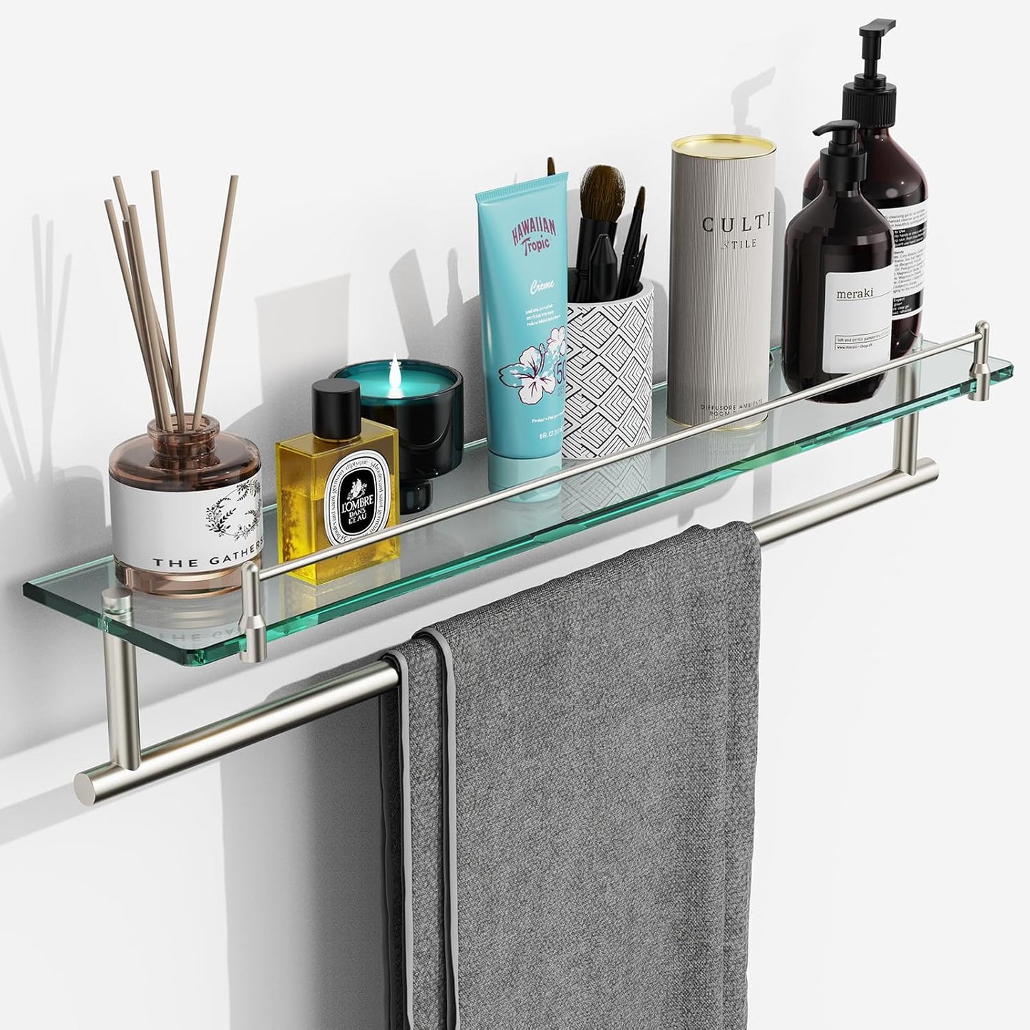 24-Inch Floating Tempered Glass Bathroom Shelf with Towel Bar