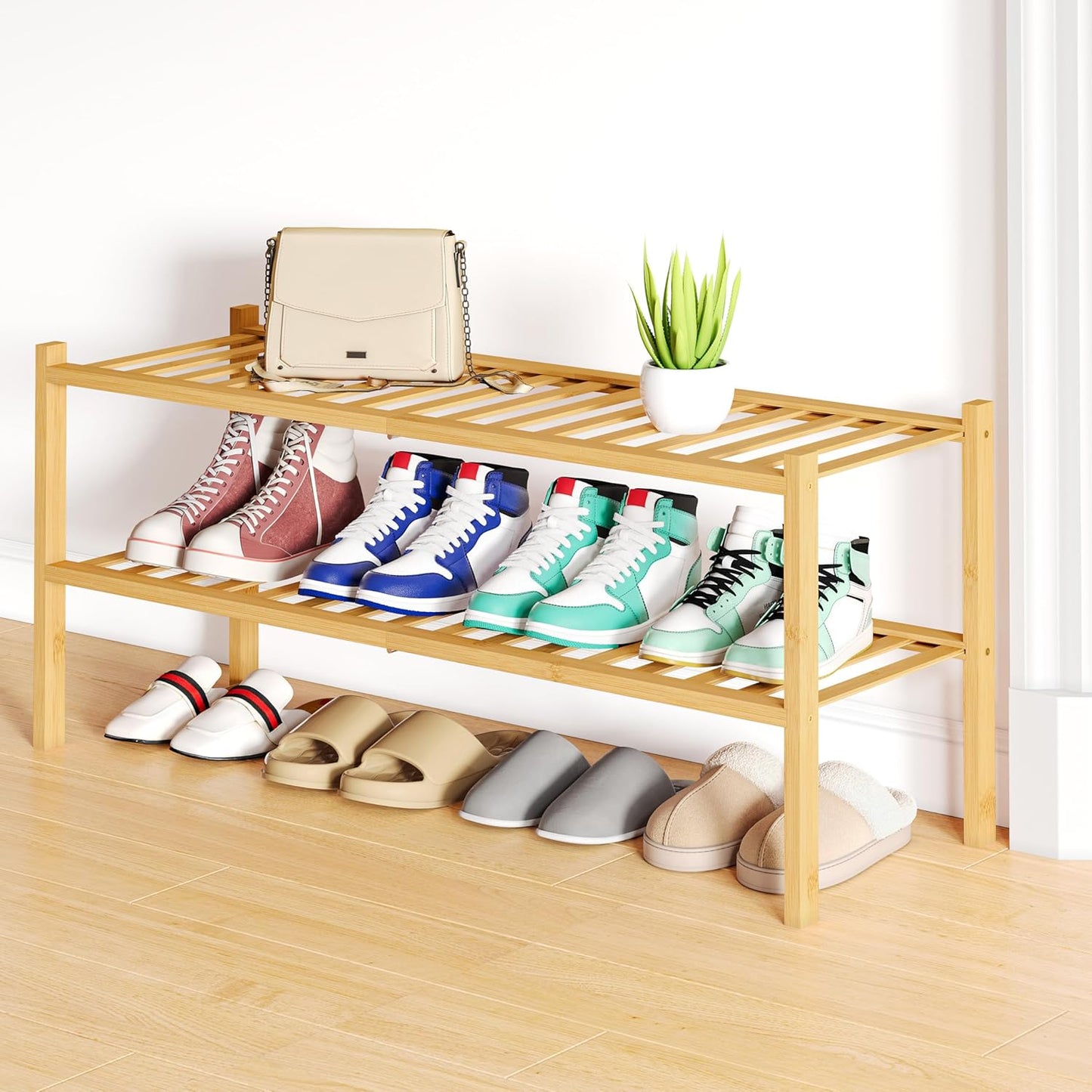 Smiry Shoe Rack: 2 Tier Bamboo Organizer for Entryway
