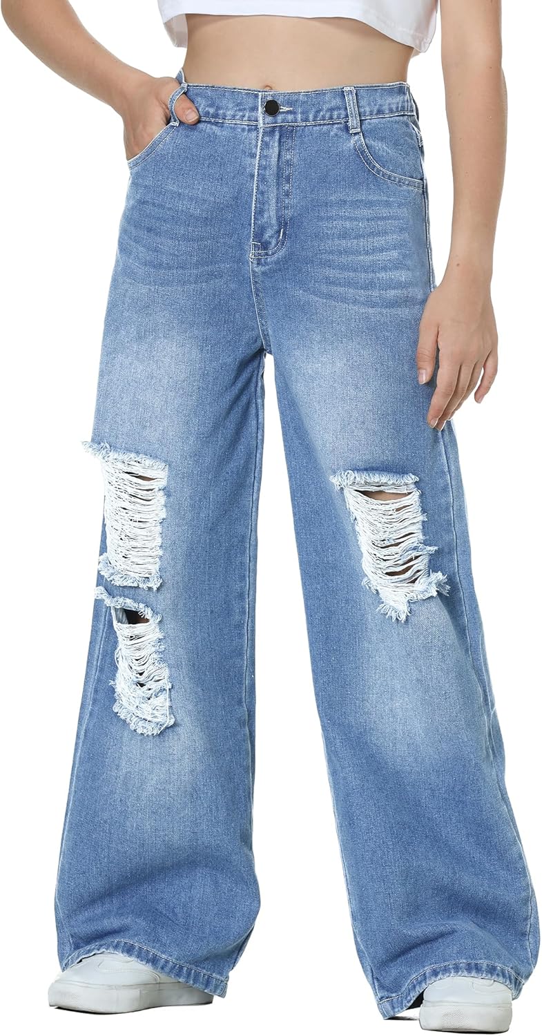 EXARUS Girls Baggy Jeans for Teens - Stylish Ripped Denim Pants