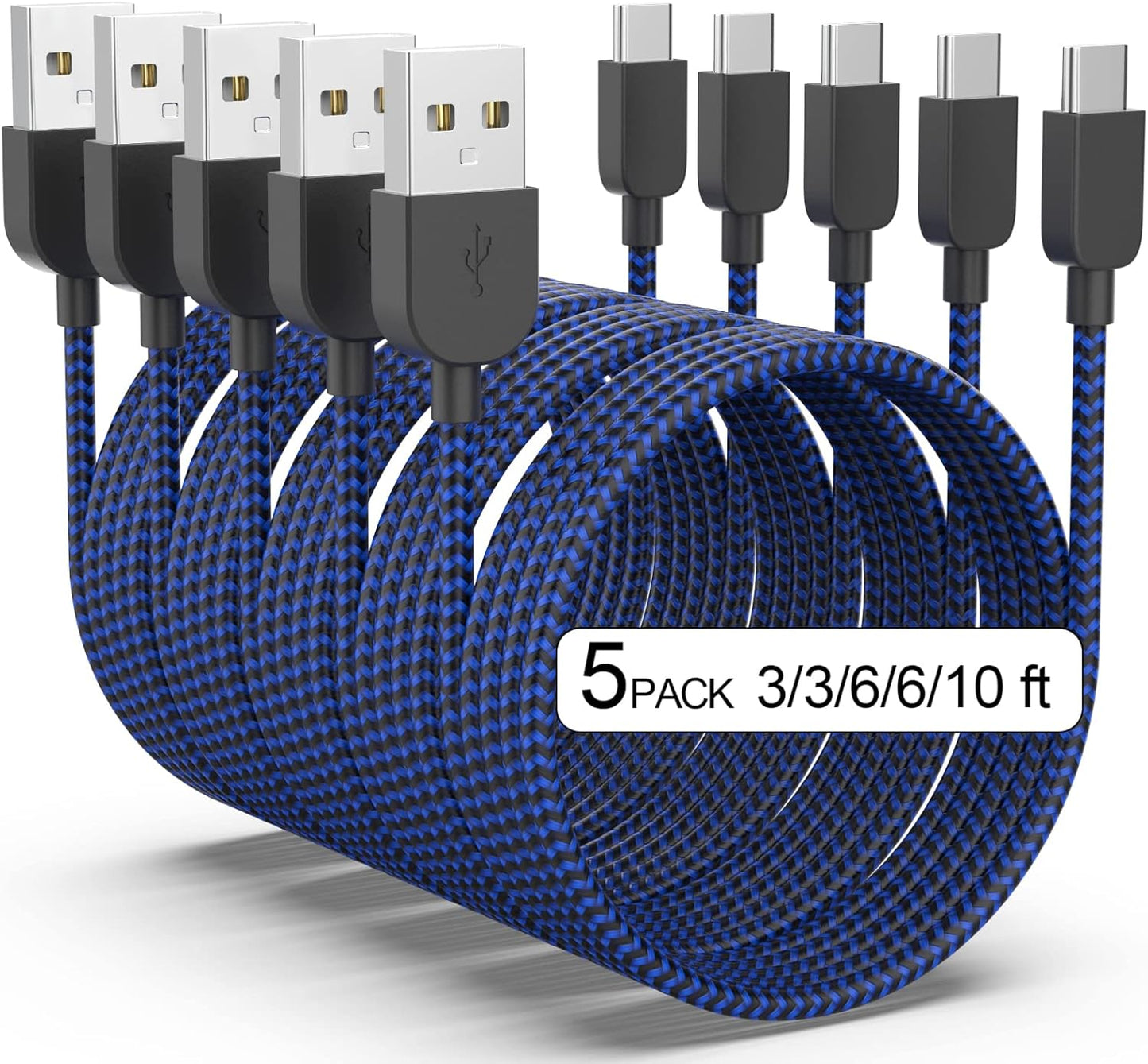 5-Pack Fast Charging USB Type C Cables - Blue