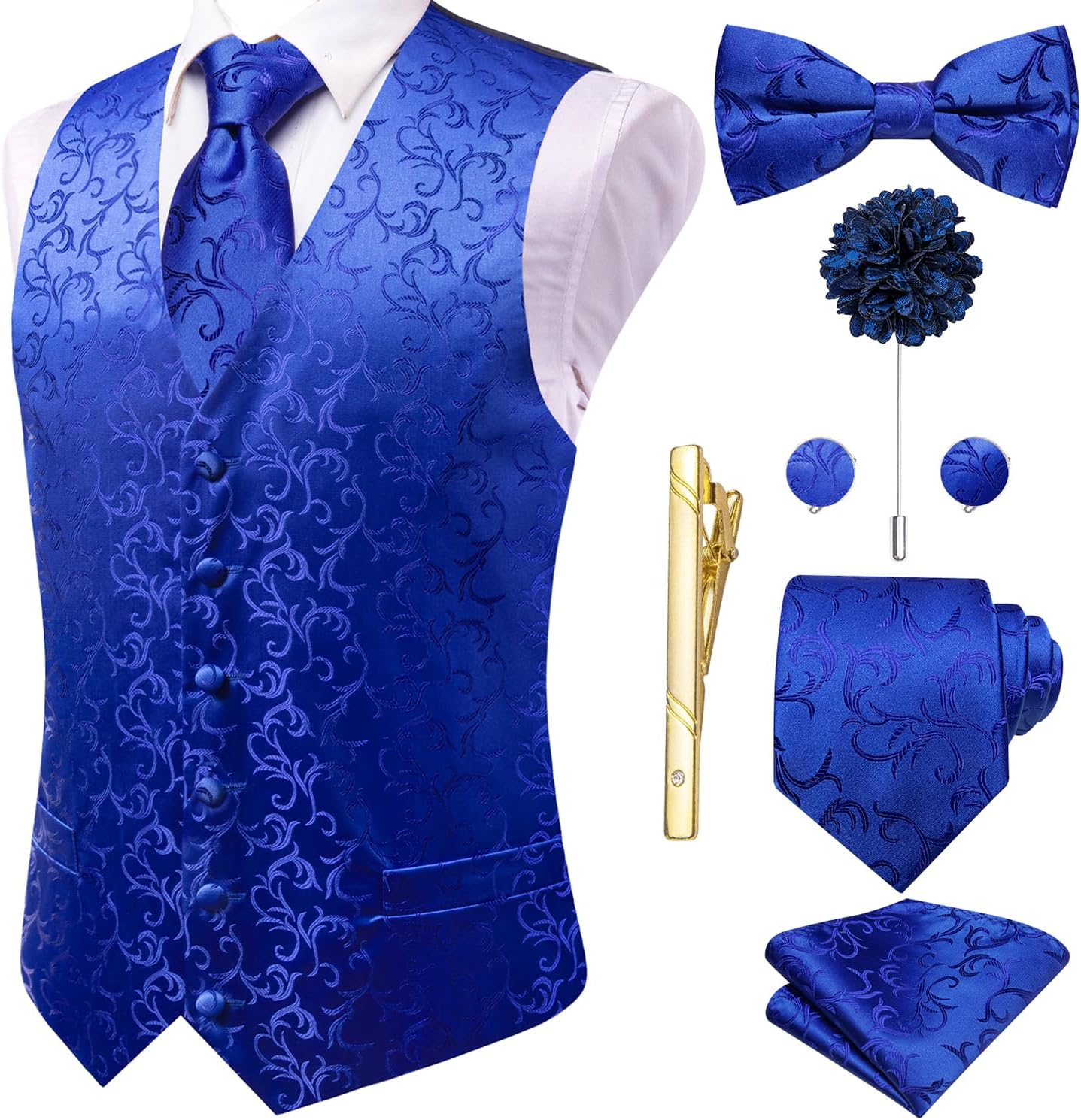 Hi-Tie Silk Mens Suit Vest Set with Tie, Bowtie, and Accessories