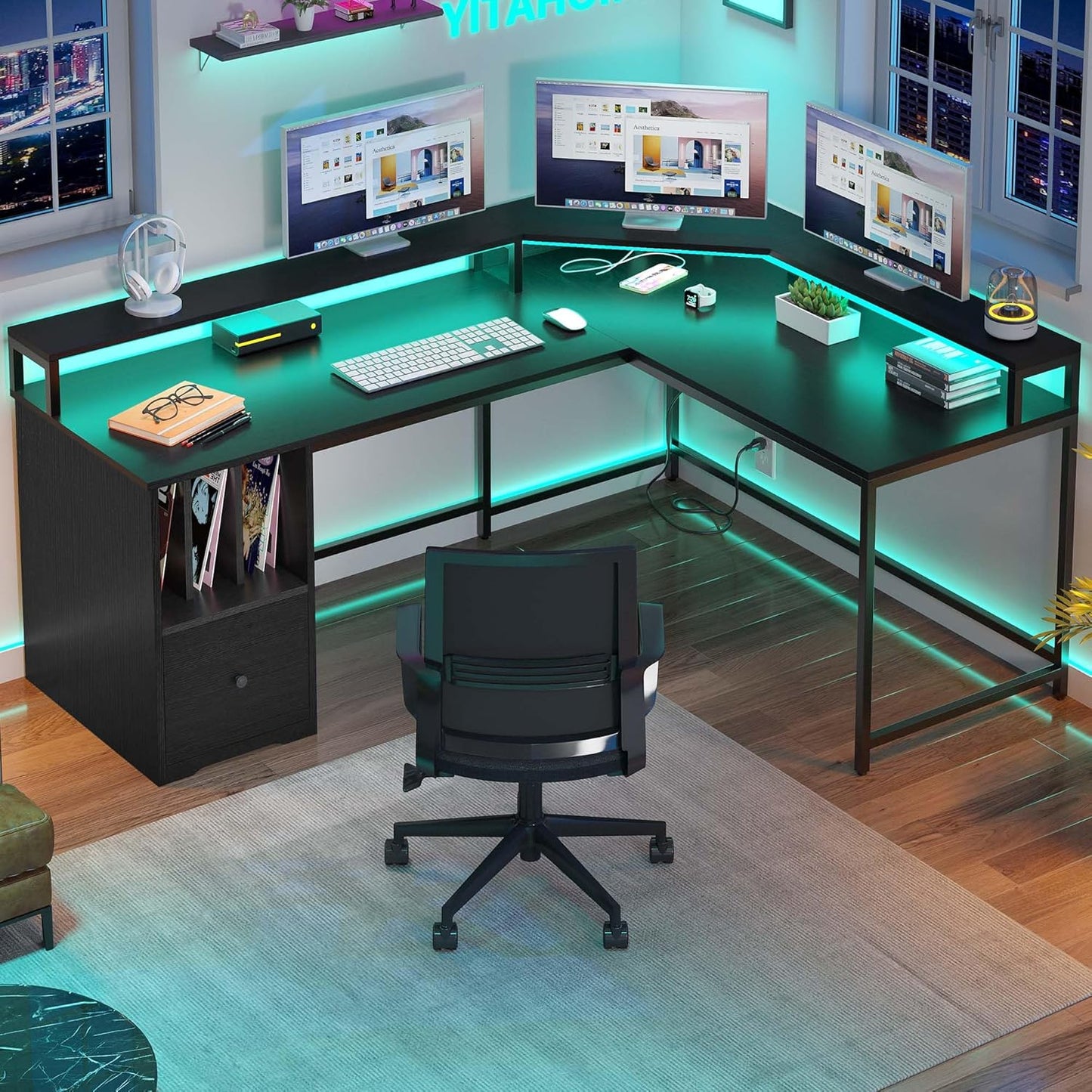 67 L-Shaped Desk with Power Outlets & LED Lights