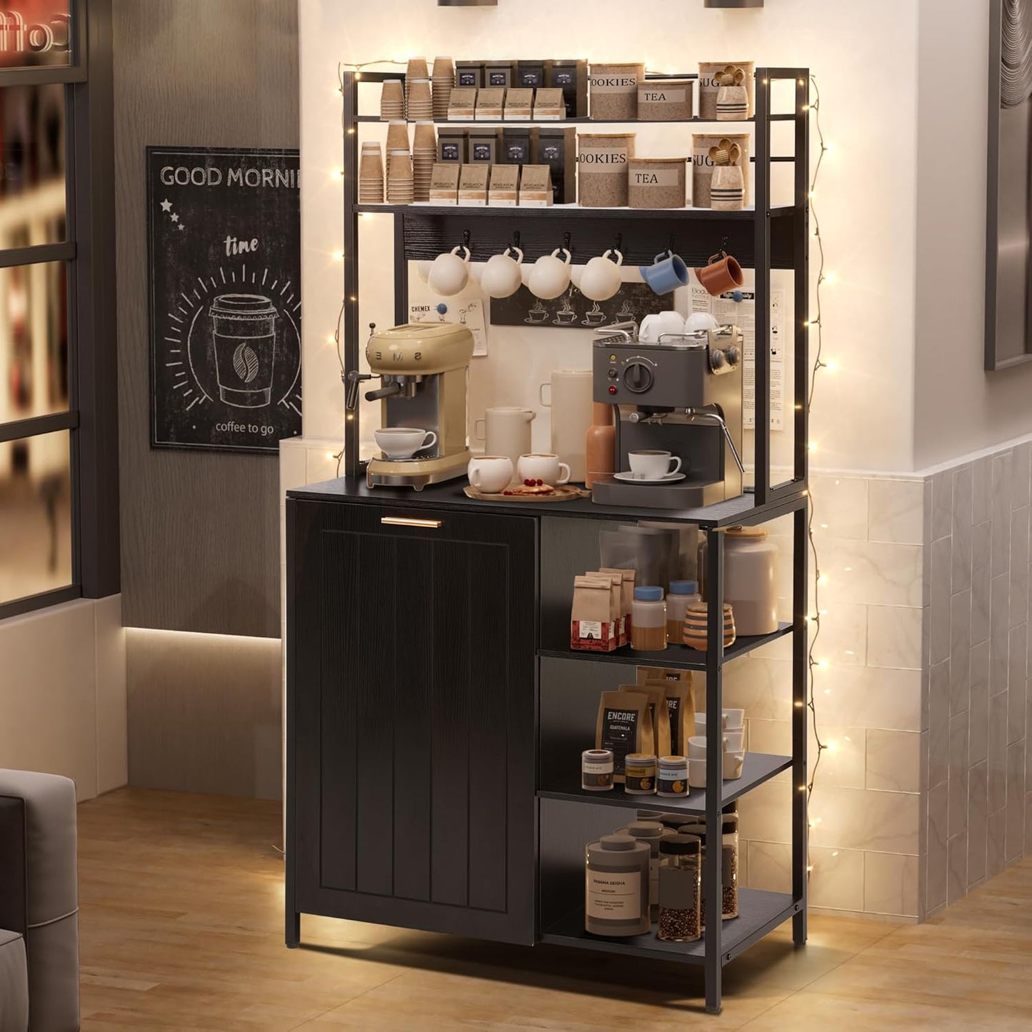 Farmhouse Bakers Rack - 6-Tier Microwave Stand with Power Outlet & Tilting Trash Can Bin