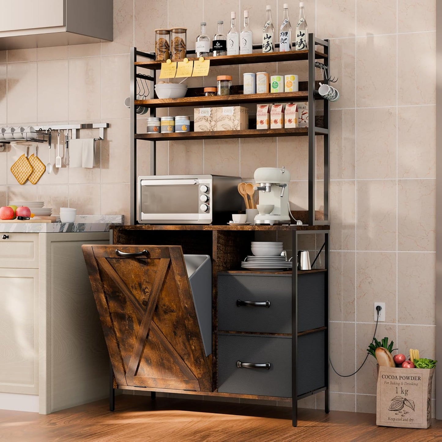 Space-Saving Kitchen Bakers Rack with Trash Cabinet & Coffee Bar Station