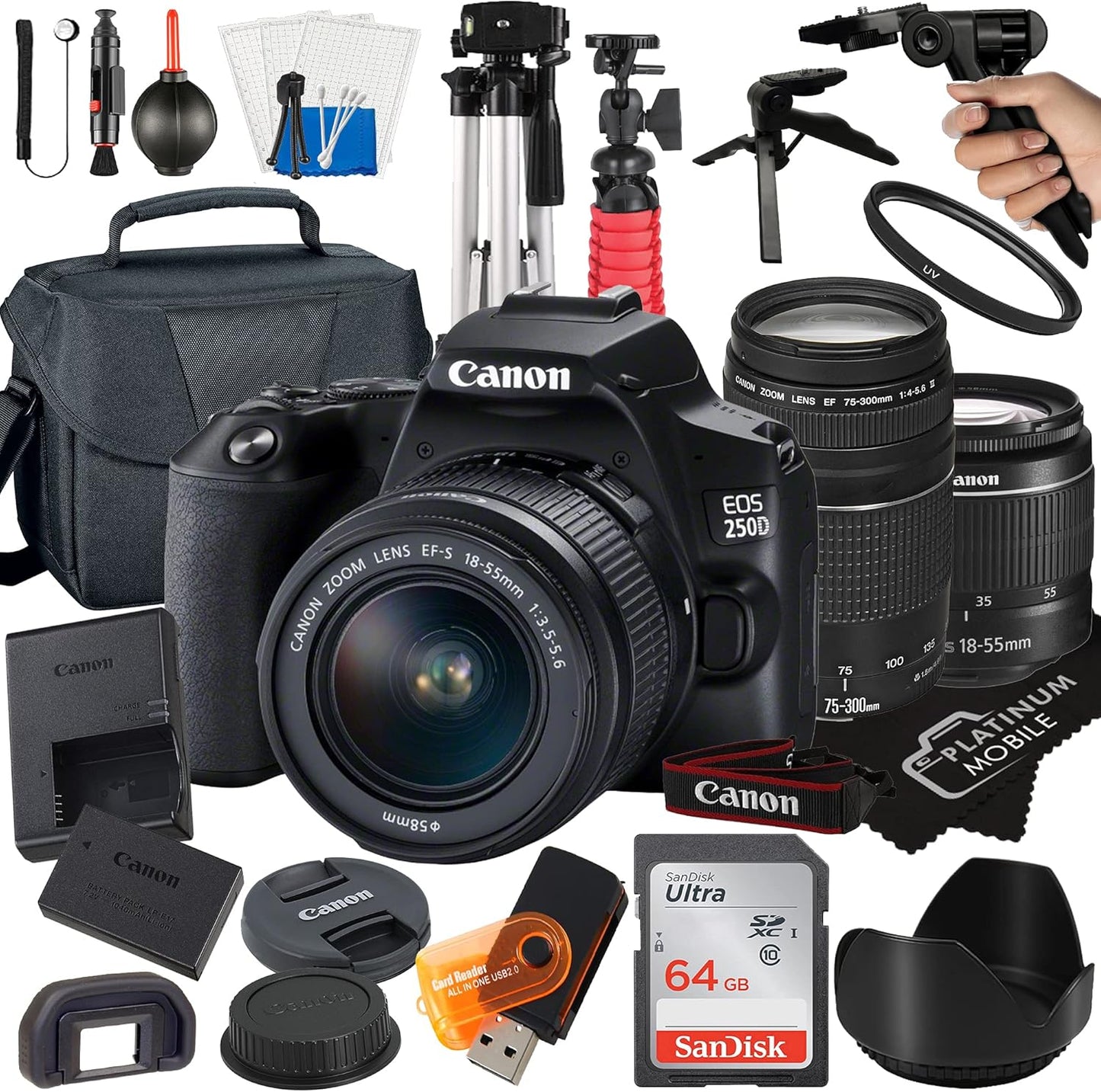 Canon EOS 250D Digital SLR Camera Bundle with Lenses and Accessories