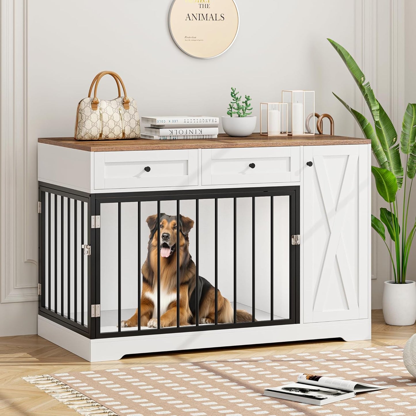 Dog Crate Furniture with Double Doors and Storage for Pets